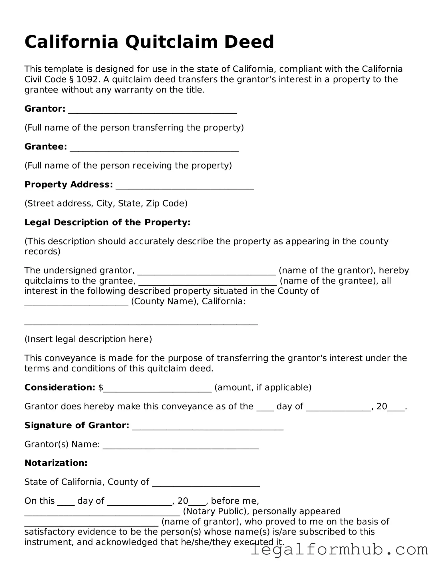 Free  Quitclaim Deed Template for California