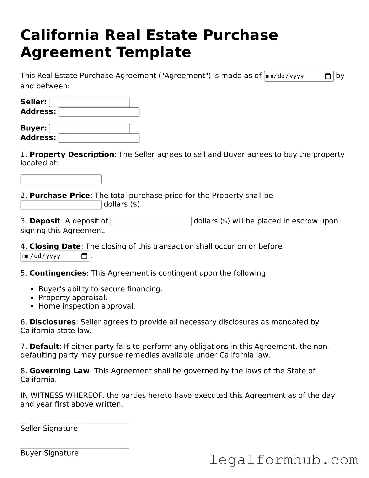 Free  Real Estate Purchase Agreement Template for California