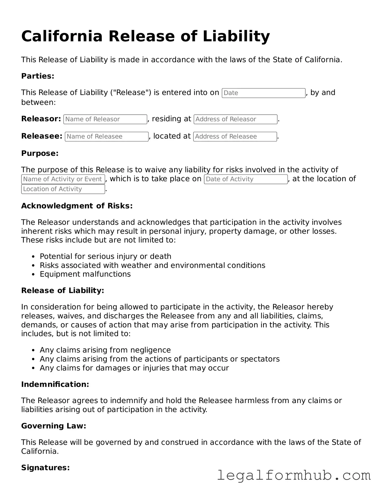 Free  Release of Liability Template for California