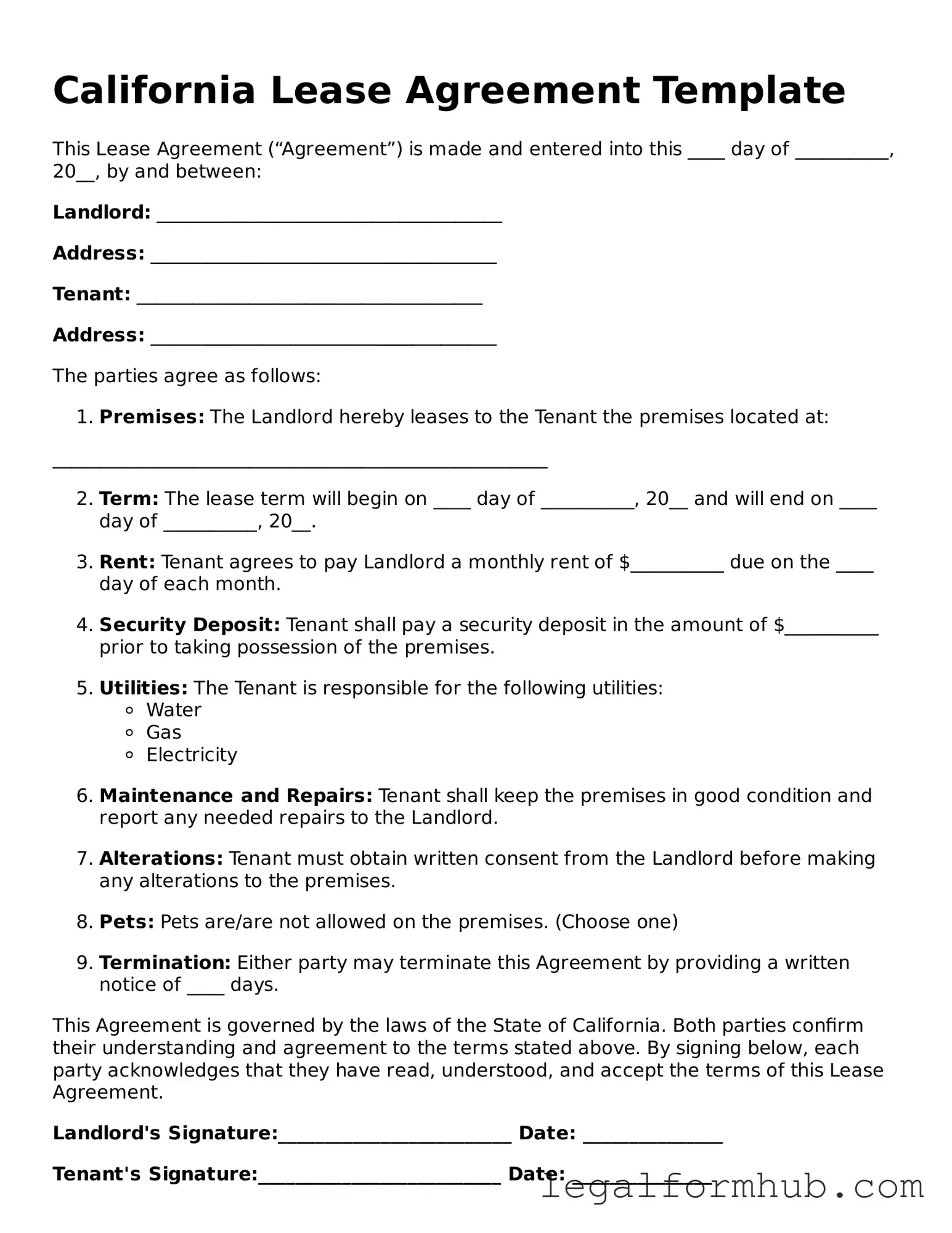 Free  Lease Agreement Template for California