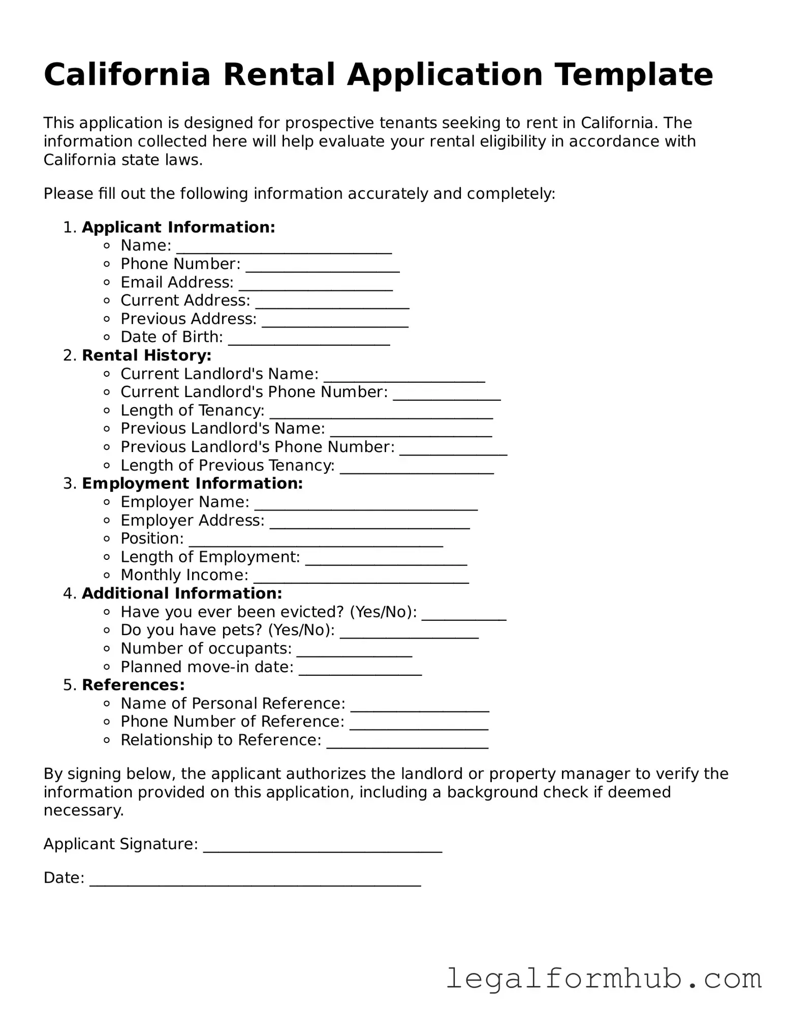 Free  Rental Application Template for California