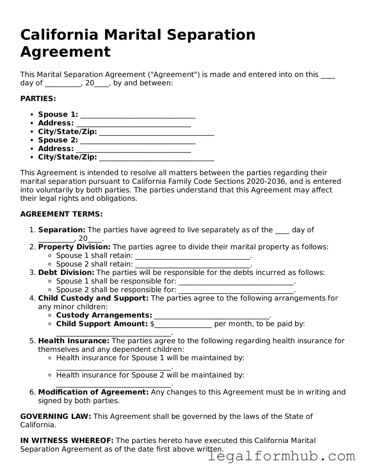 Free  Marital Separation Agreement Template for California