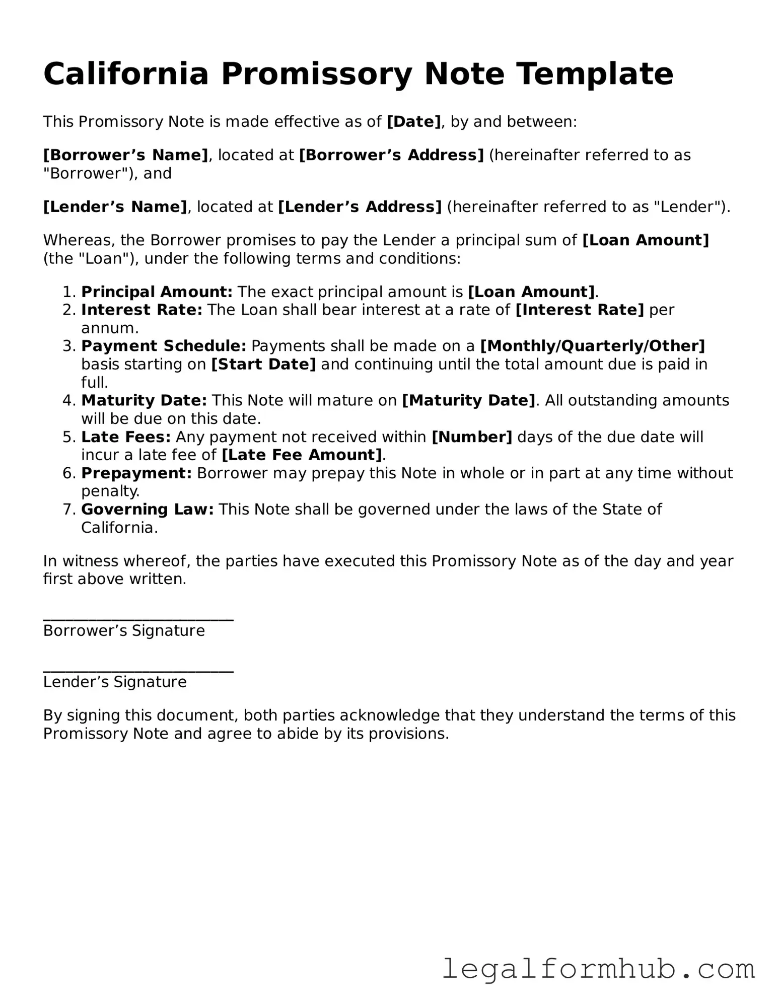 Free  Promissory Note Template for California