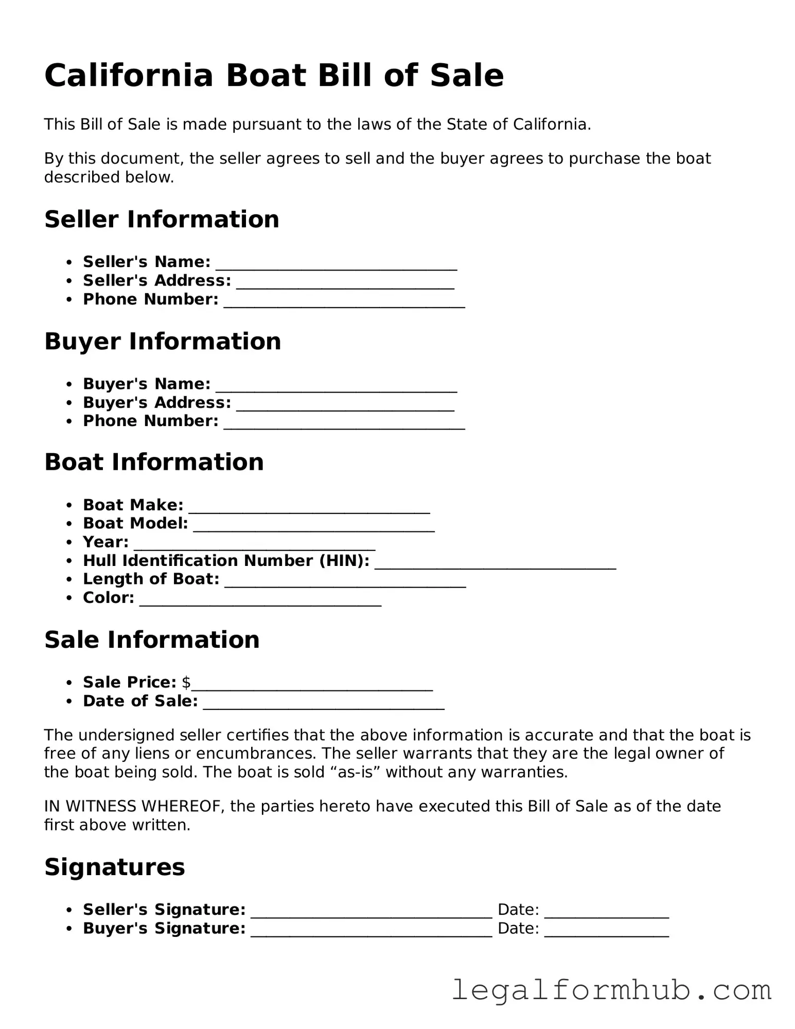 Free  Boat Bill of Sale Template for California