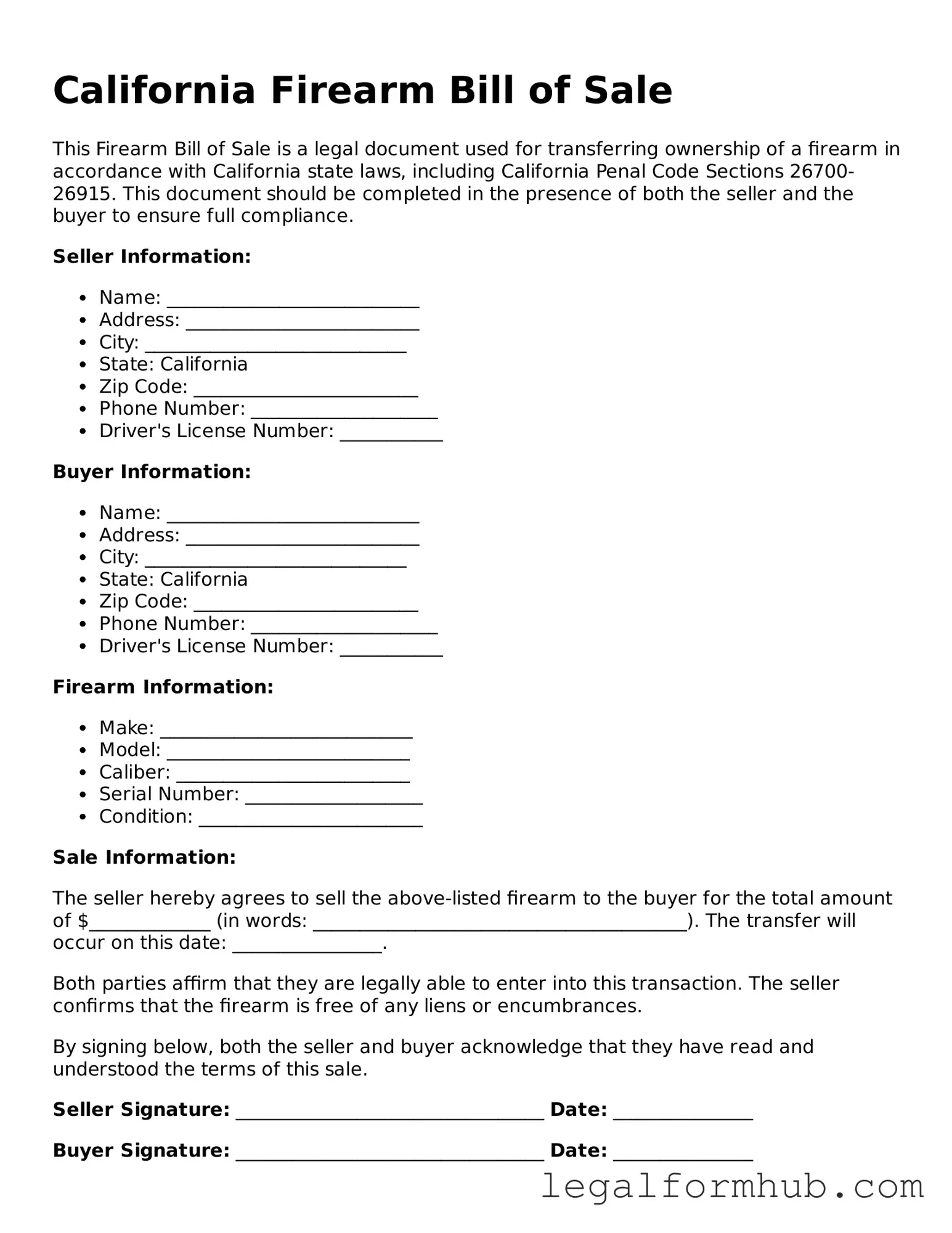 Free  Firearm Bill of Sale Template for California