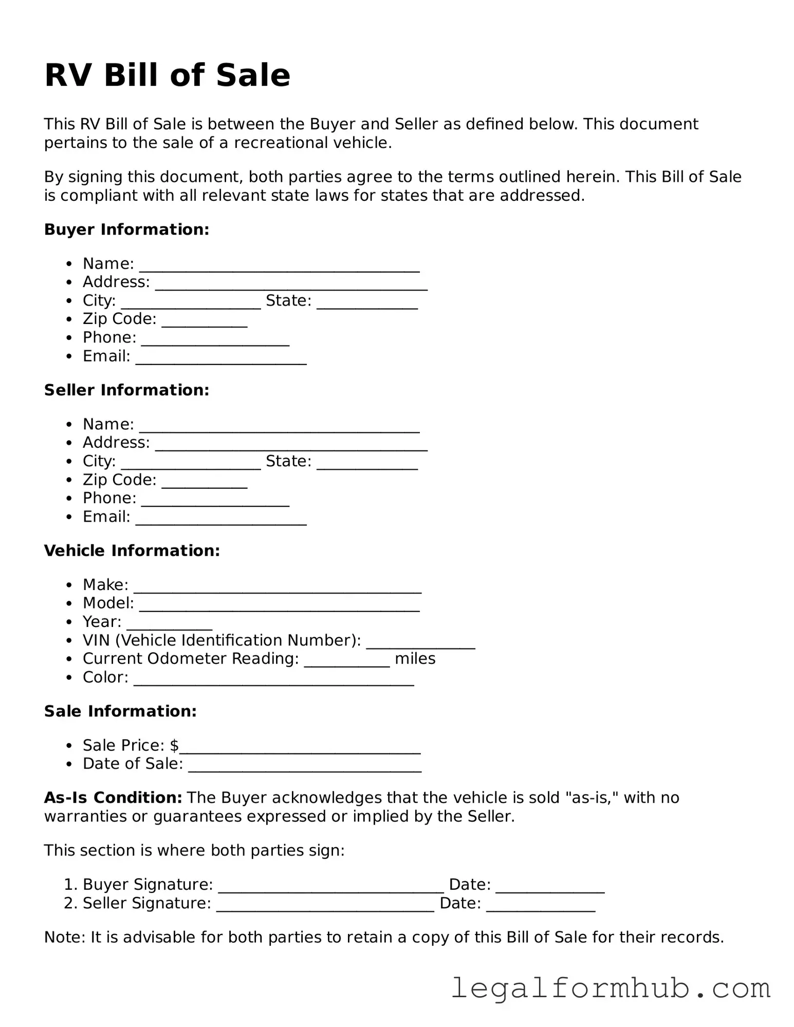 Printable RV Bill of Sale Document