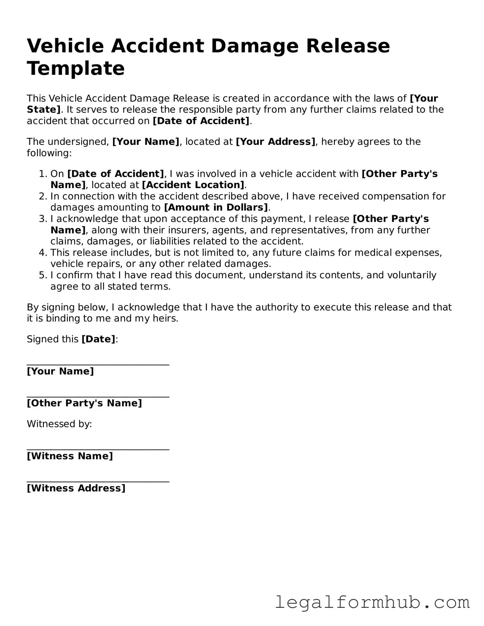 Printable Vehicle Accident Damage Release Document