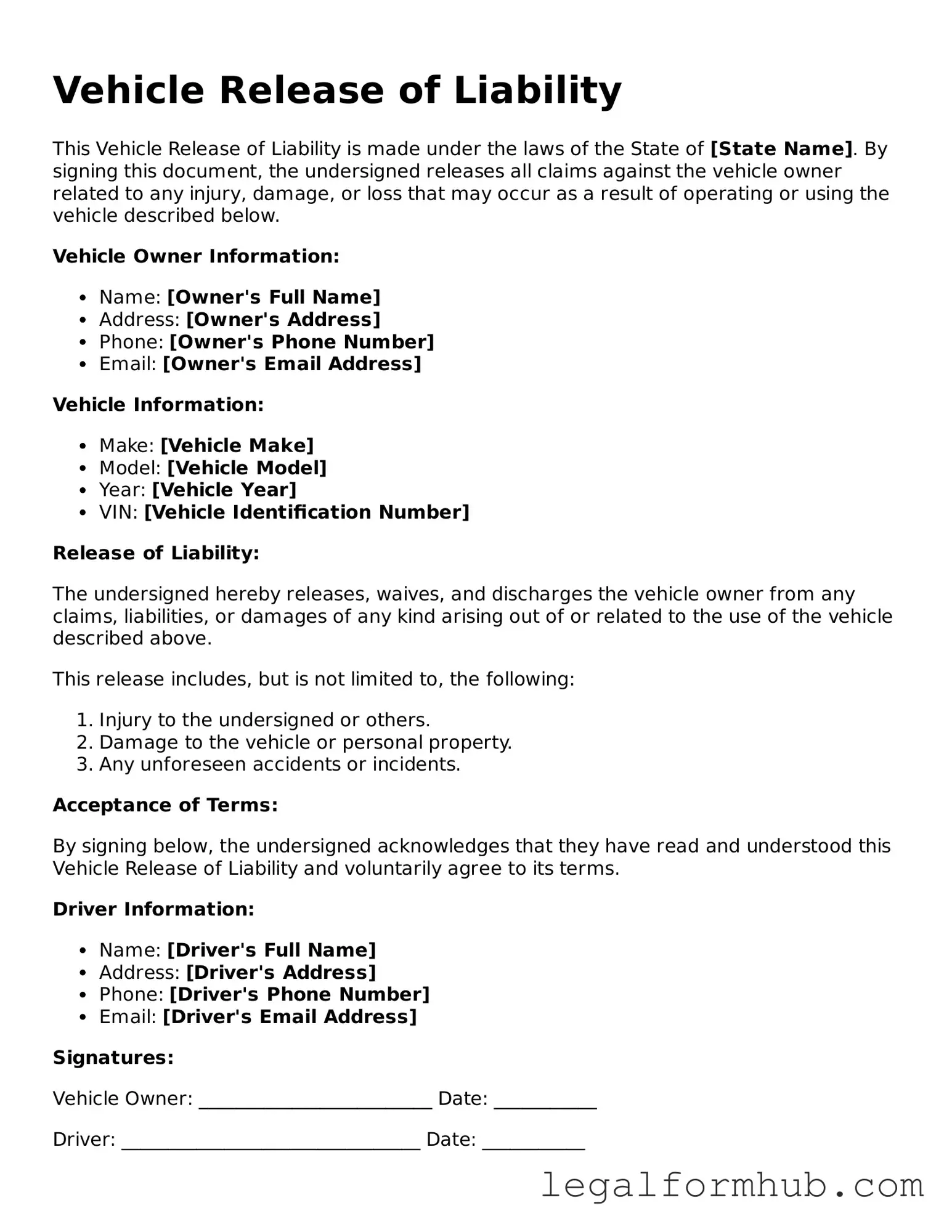 Printable Vehicle Release of Liability Document