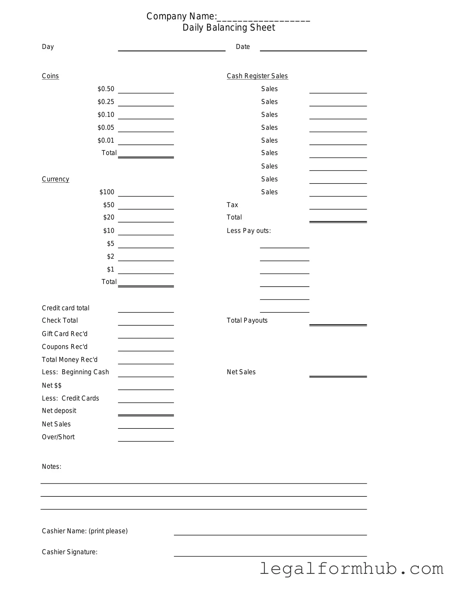 Fill Your Cash Drawer Count Sheet Form