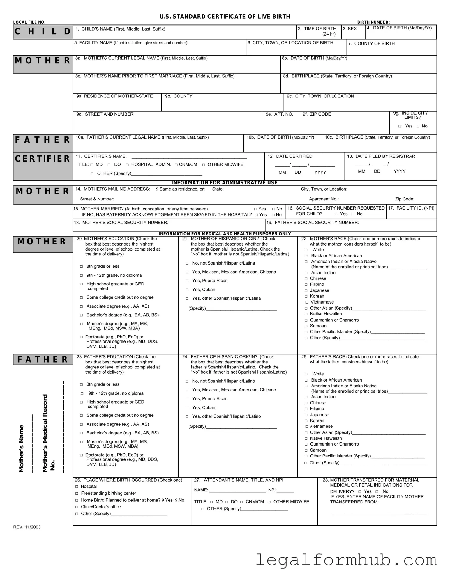 Fill Your CDC U.S. Standard Certificate of Live Birth Form