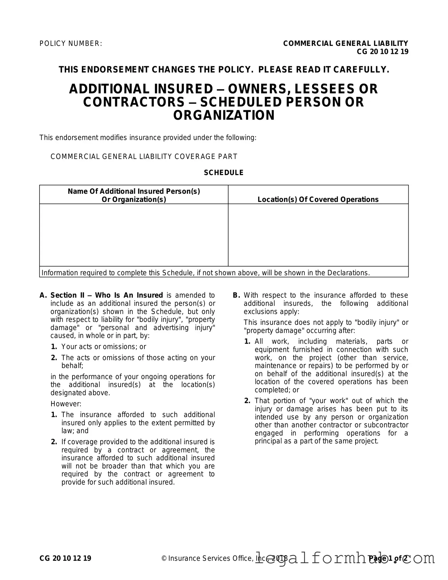 Fill Your Cg 20 10 07 04 Liability Endorsement Form