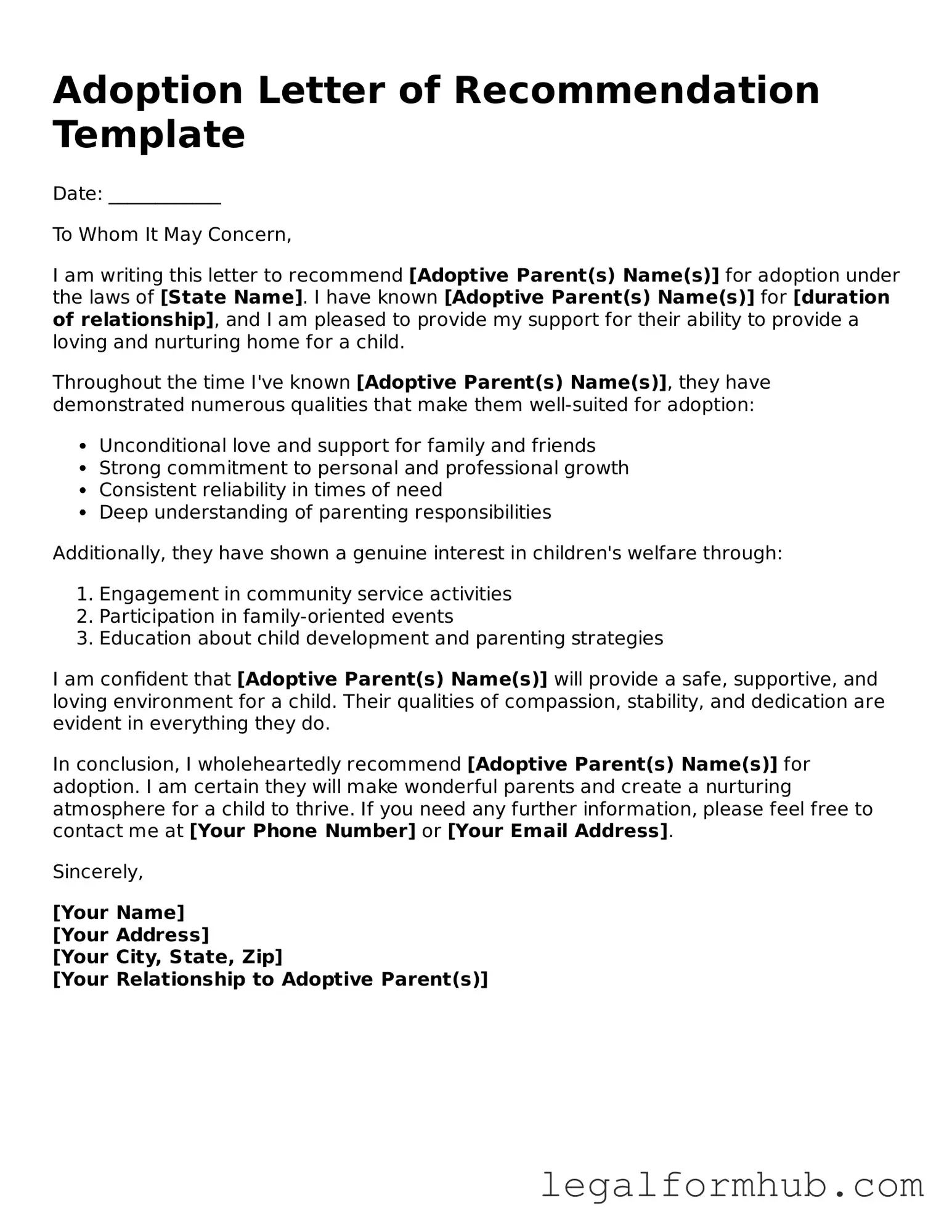 Printable Adoption Letter of Recommendation Document