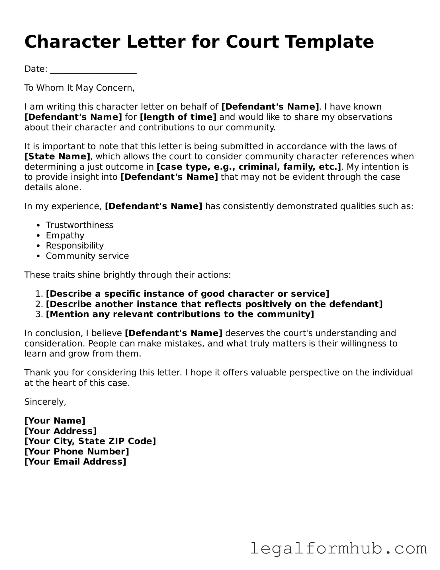 Printable Character Letter for Court Document