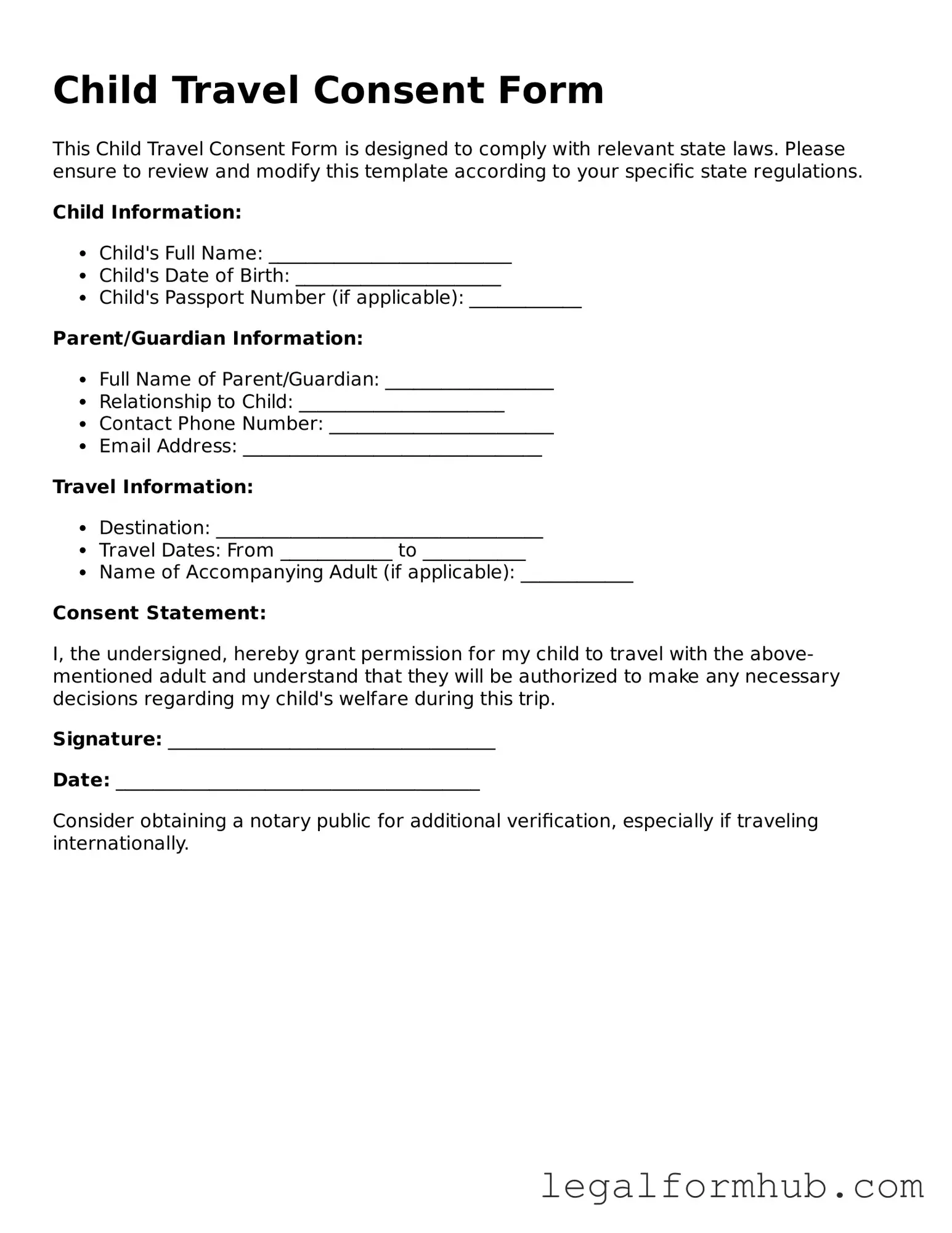 Printable Child Travel Consent Form Document