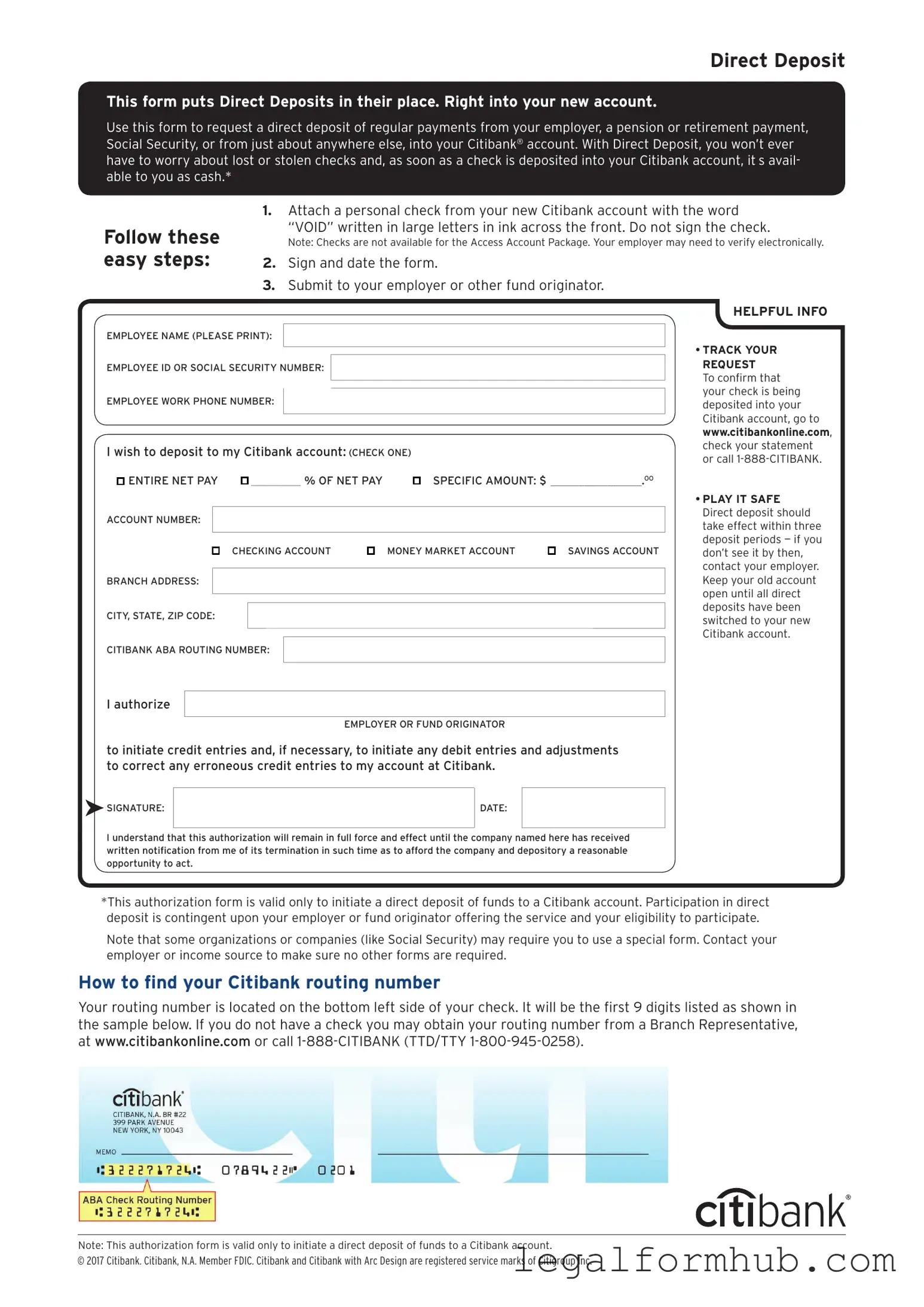 Fill Your Citibank Direct Deposit Form