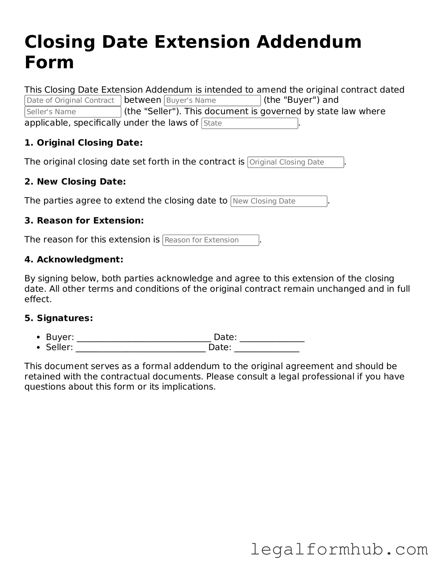 Printable Closing Date Extension Addendum Form Document