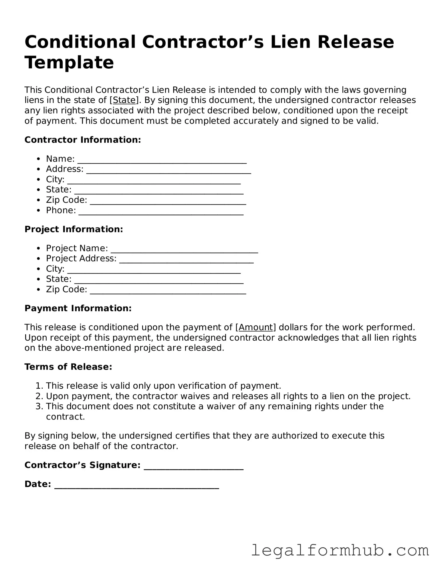 Printable Conditional Contractor’s Lien Release Document