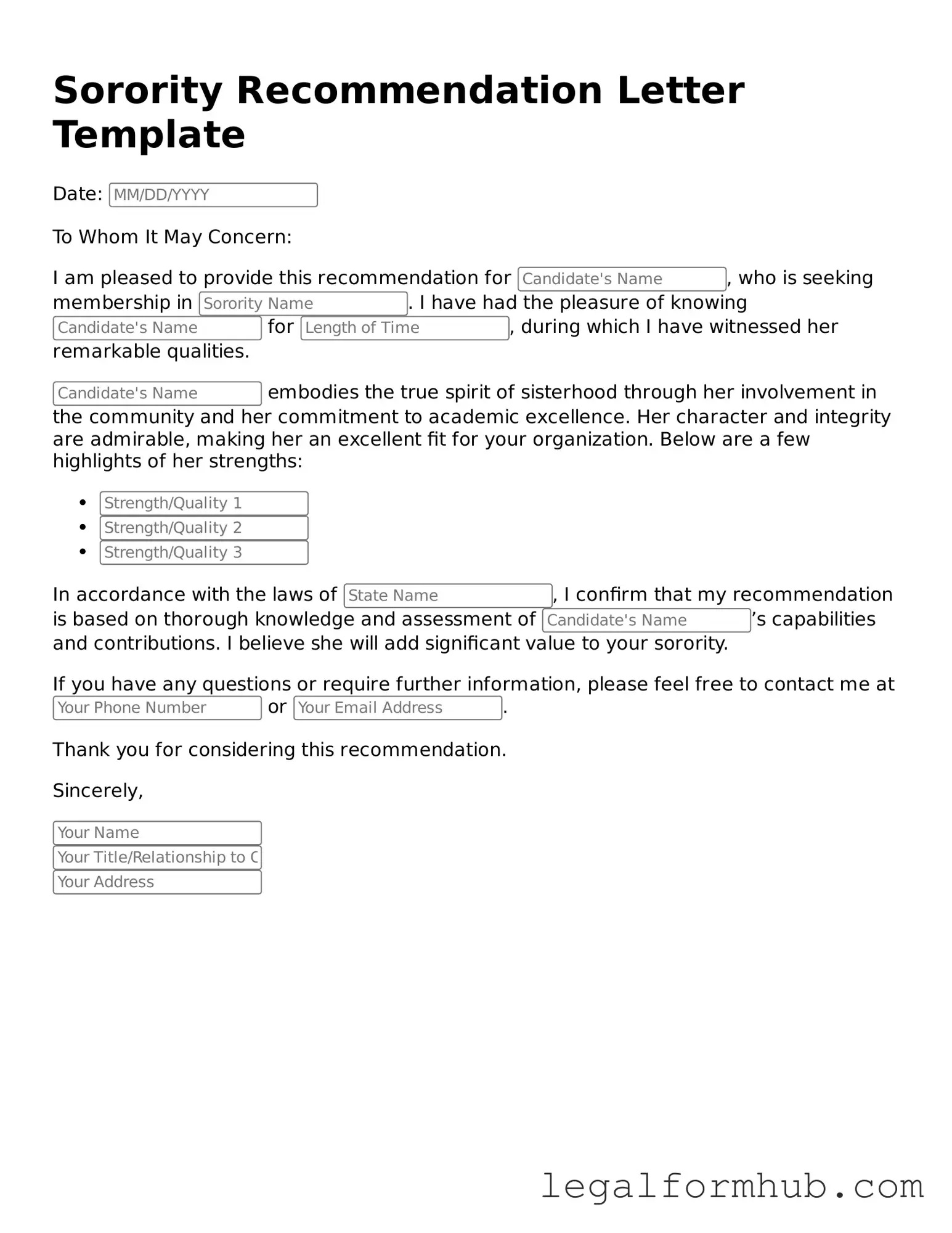 Printable Sorority Recommendation Letter Document