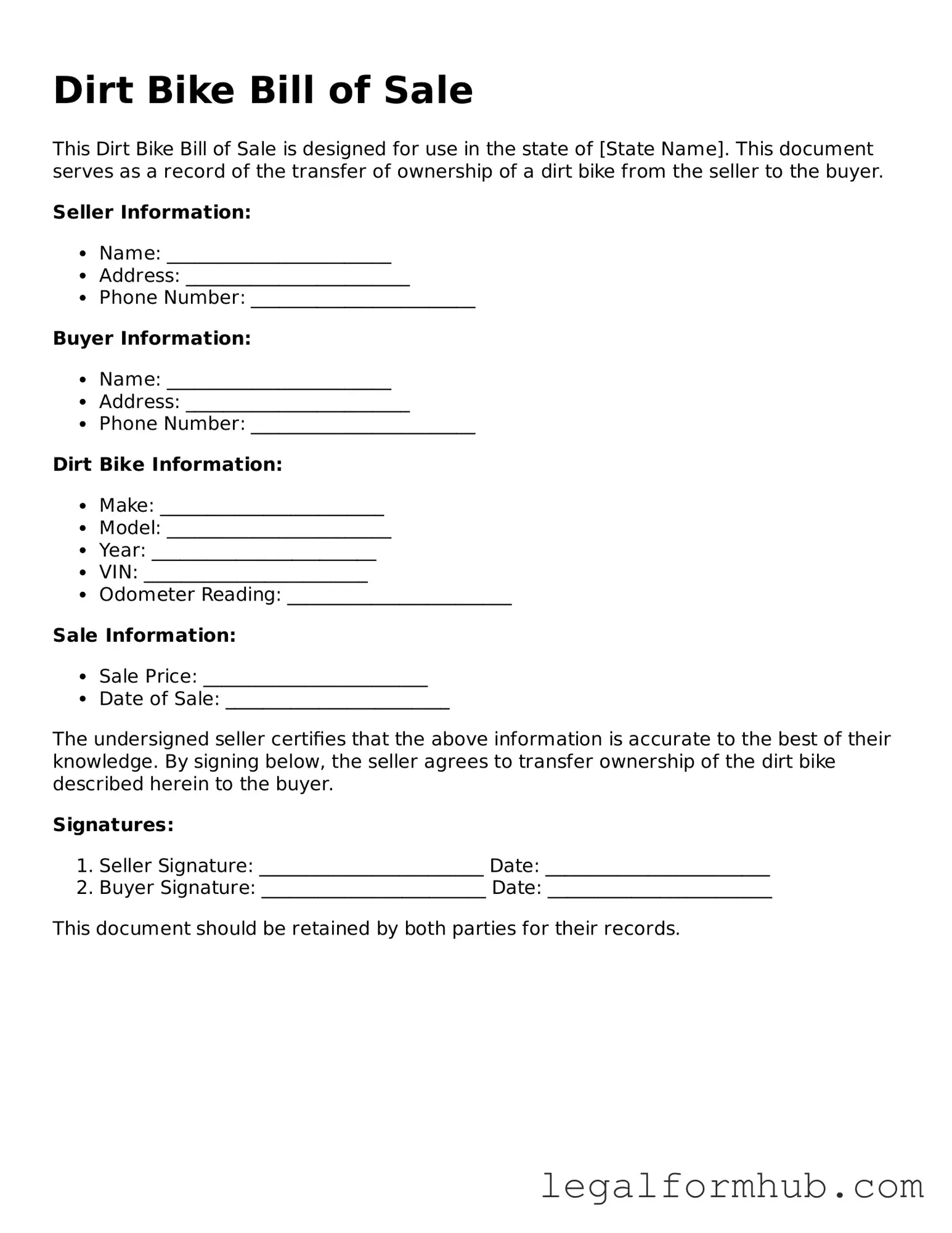 Printable Dirt Bike Bill of Sale Document