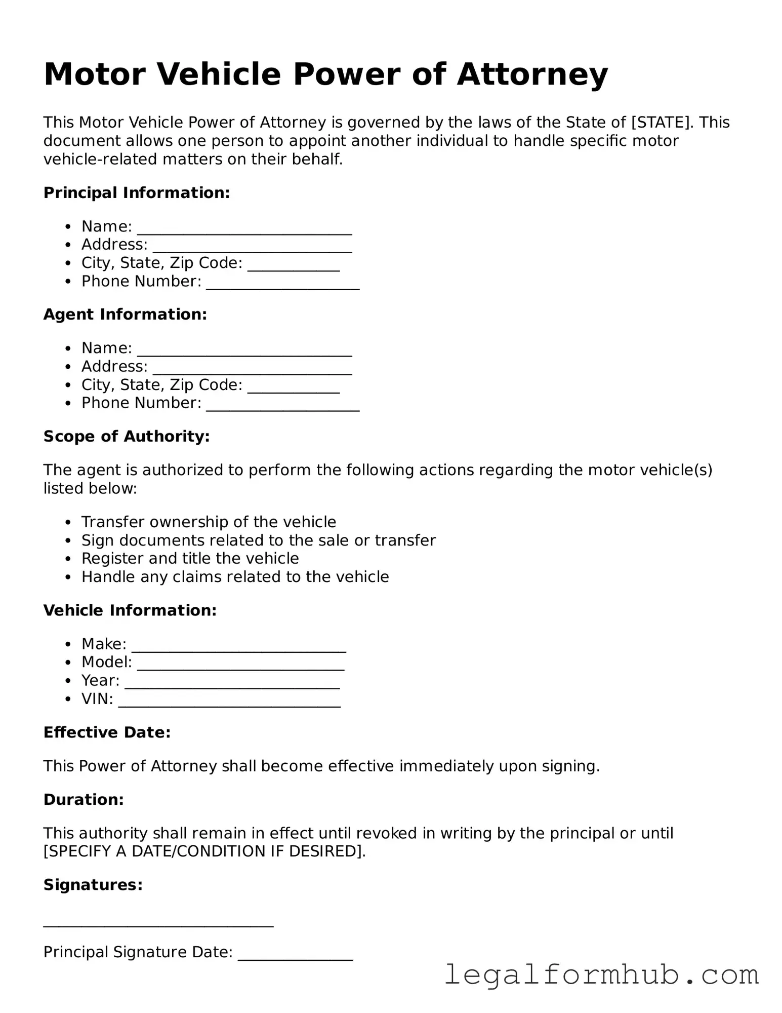 Printable Motor Vehicle Power of Attorney Document