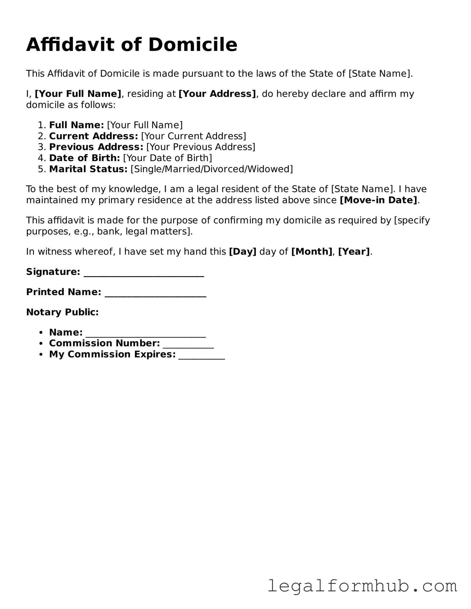 Printable Affidavit of Domicile Document