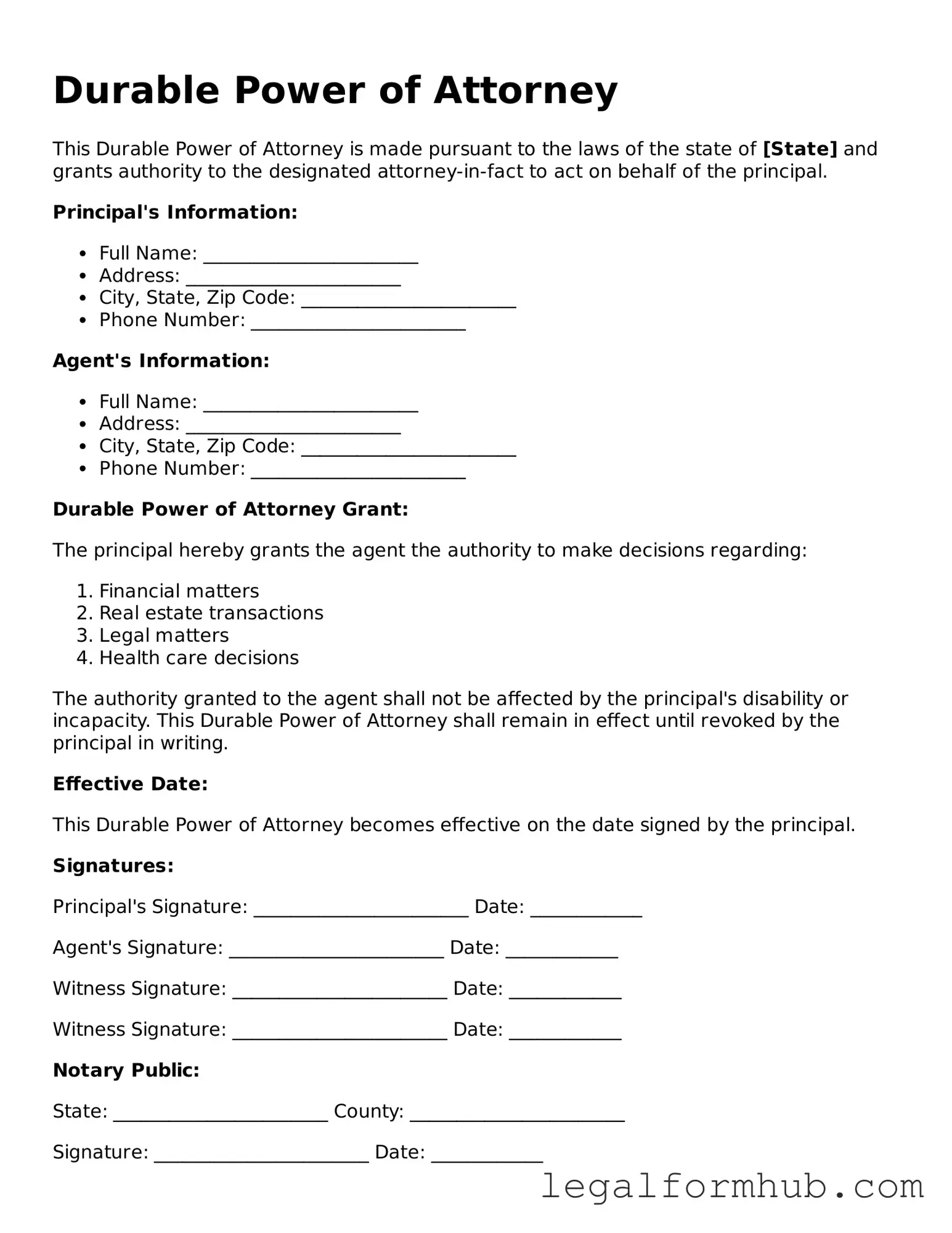 Printable Durable Power of Attorney Document