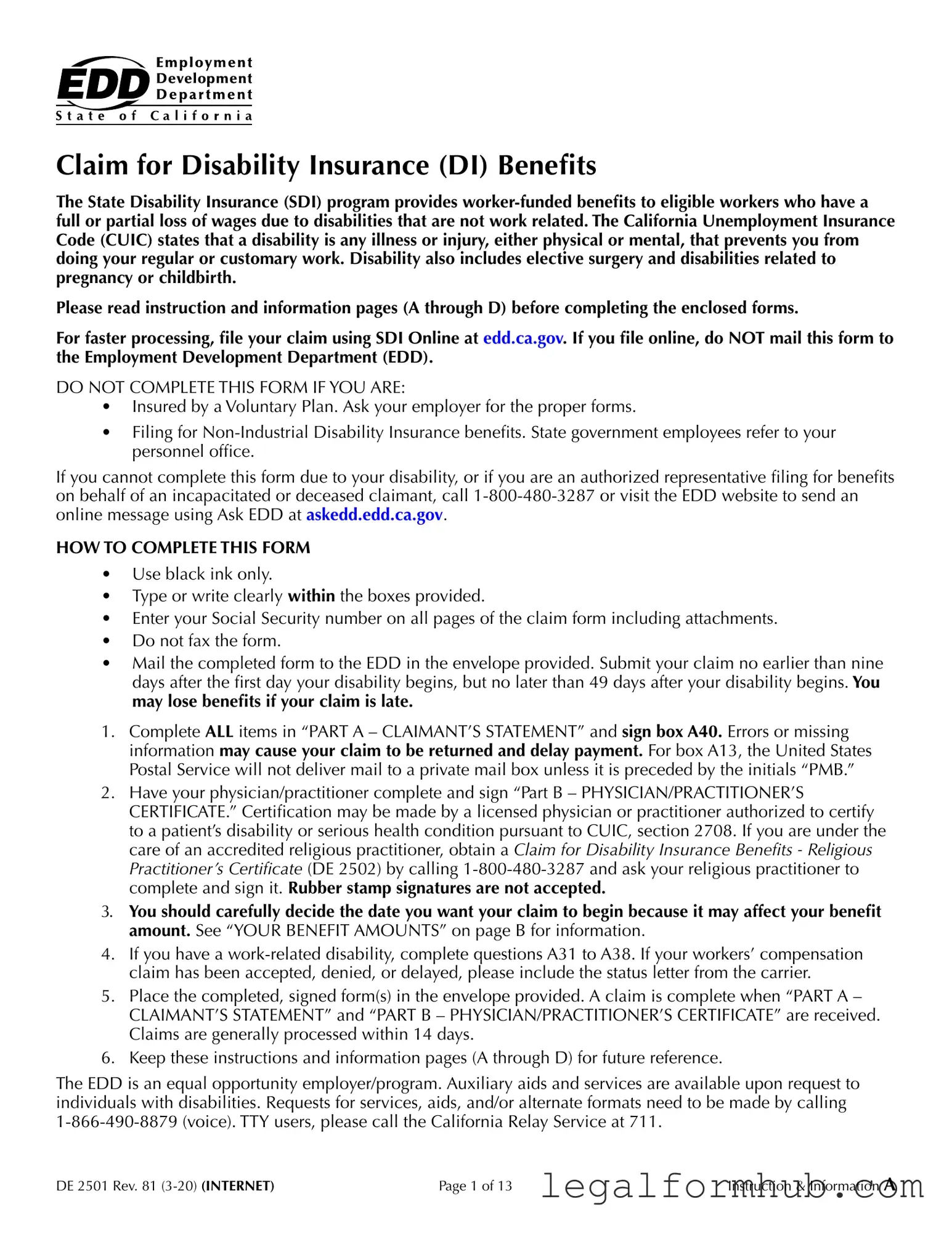 Fill Your EDD DE 2501 Form
