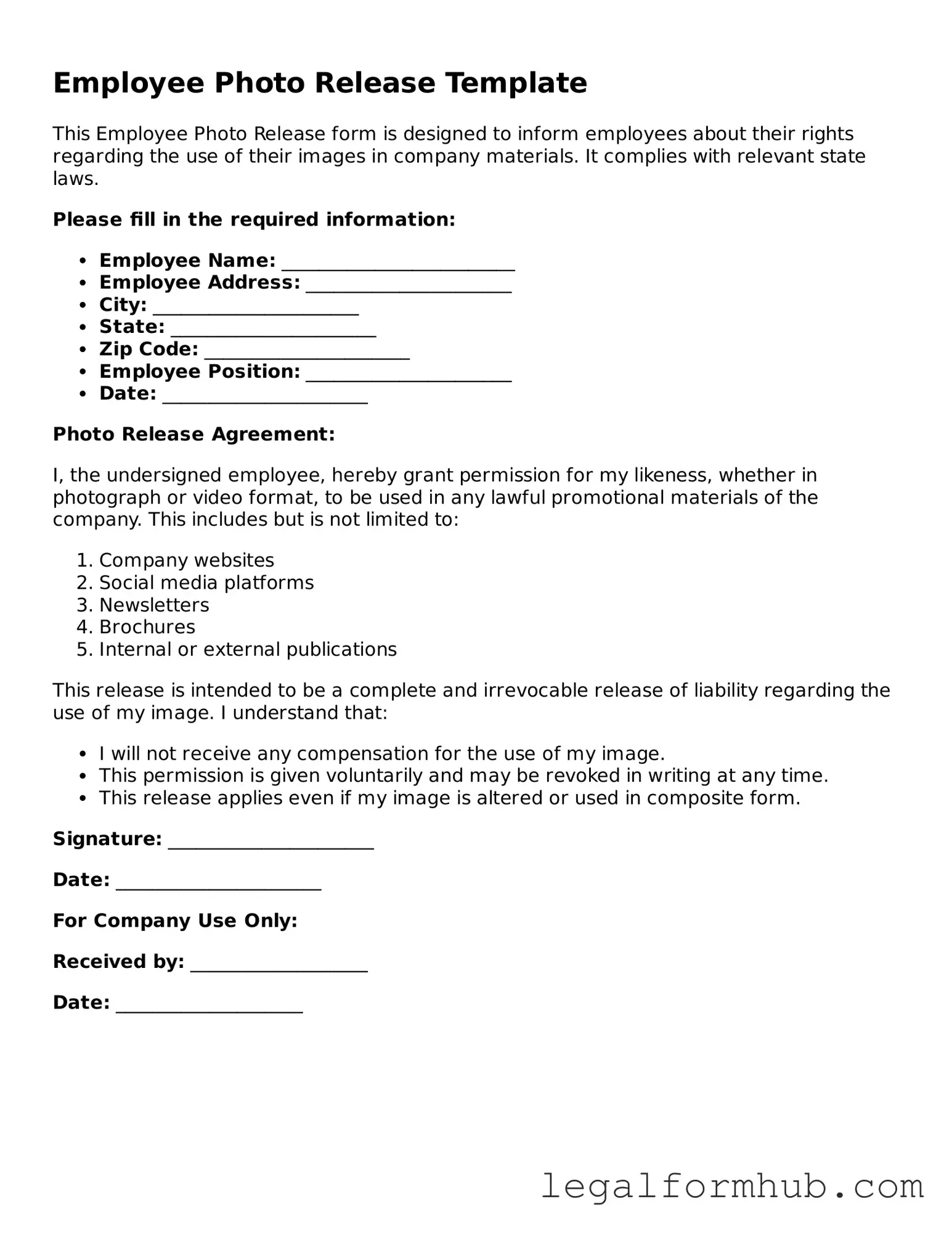 Printable Employee Photo Release Document
