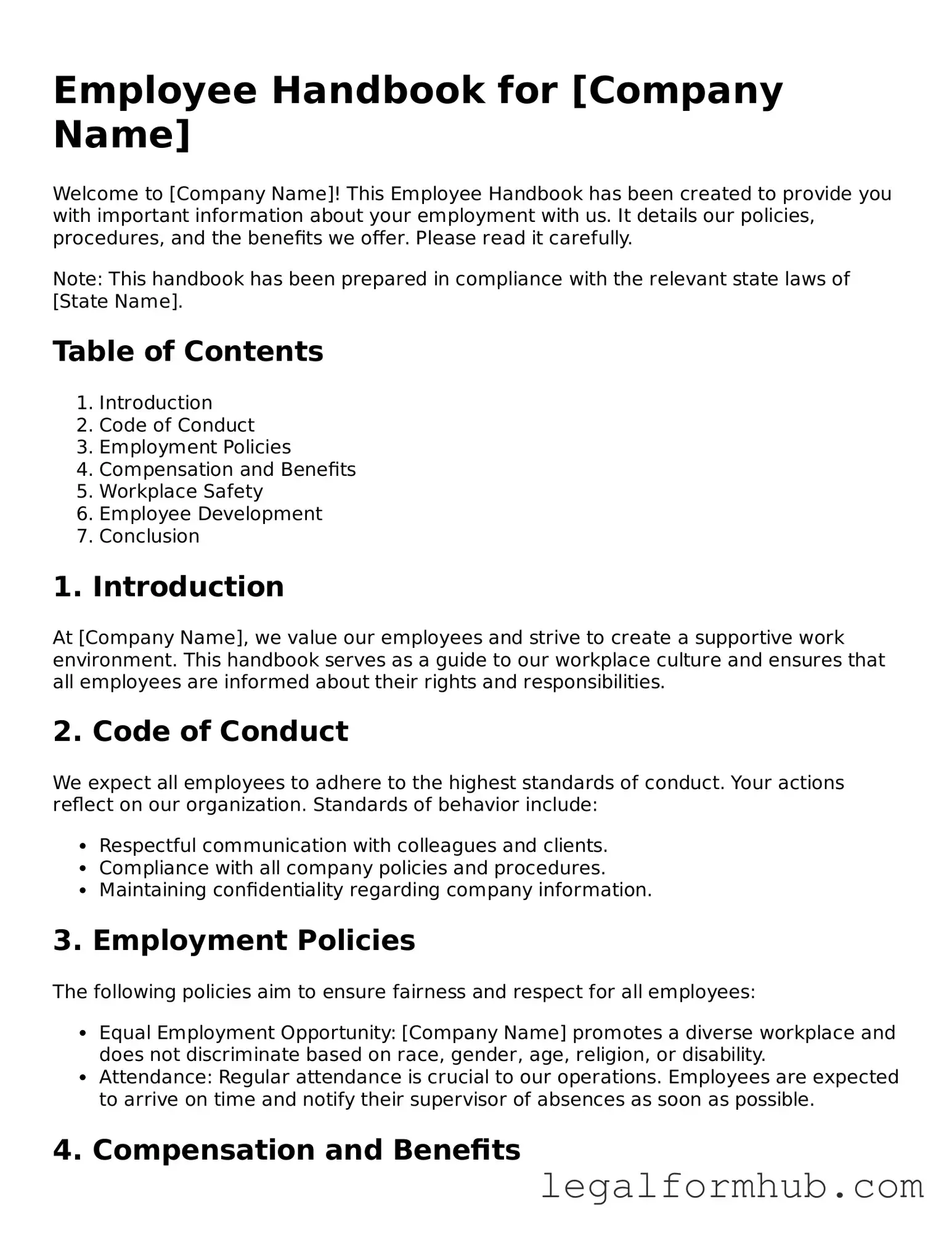 Printable Employee Handbook Document