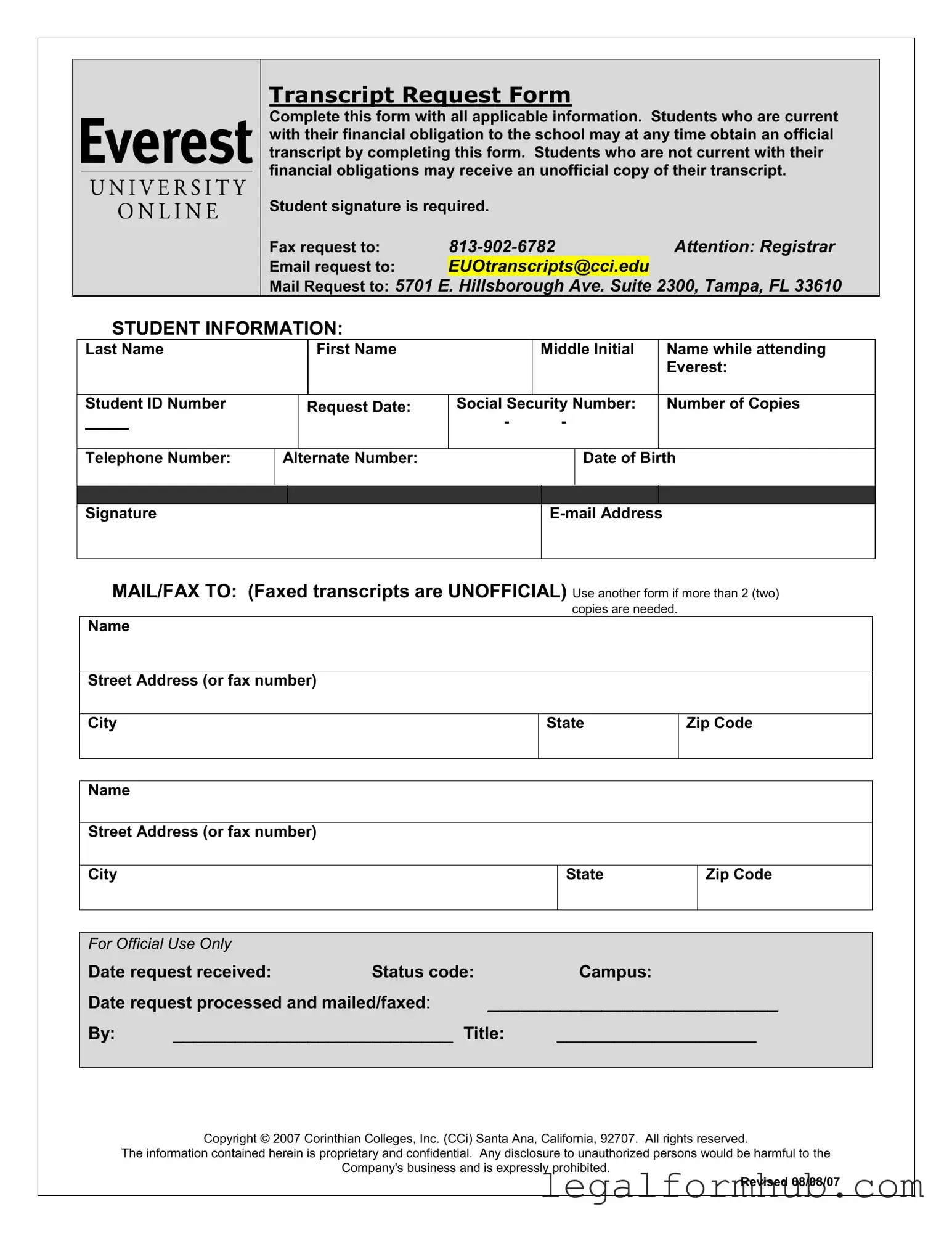 Fill Your Everest University Transcript Form
