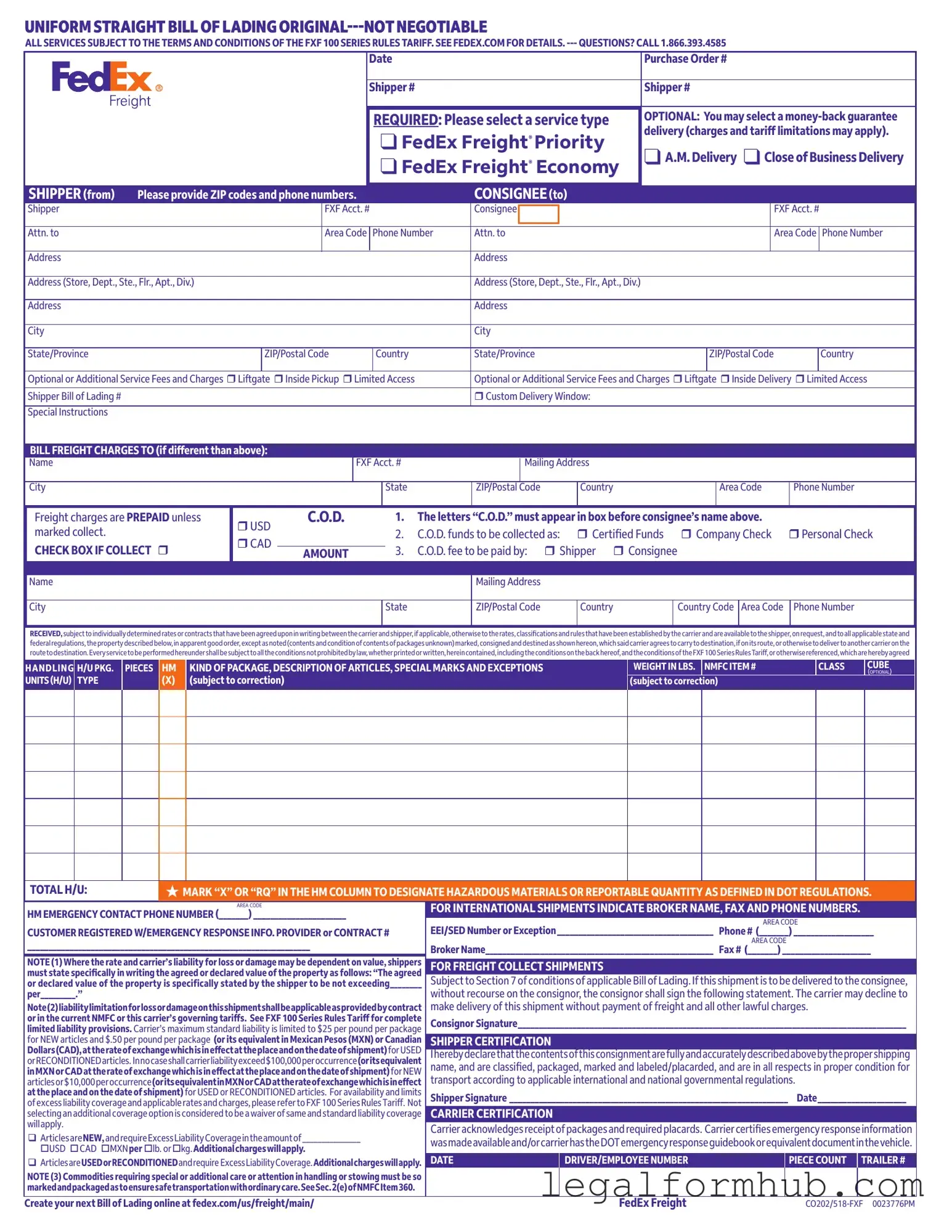 Fill Your Fedex Bill Of Lading Form