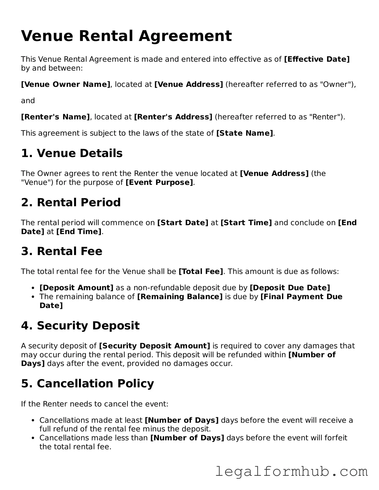 Printable Venue Rental Agreement Document