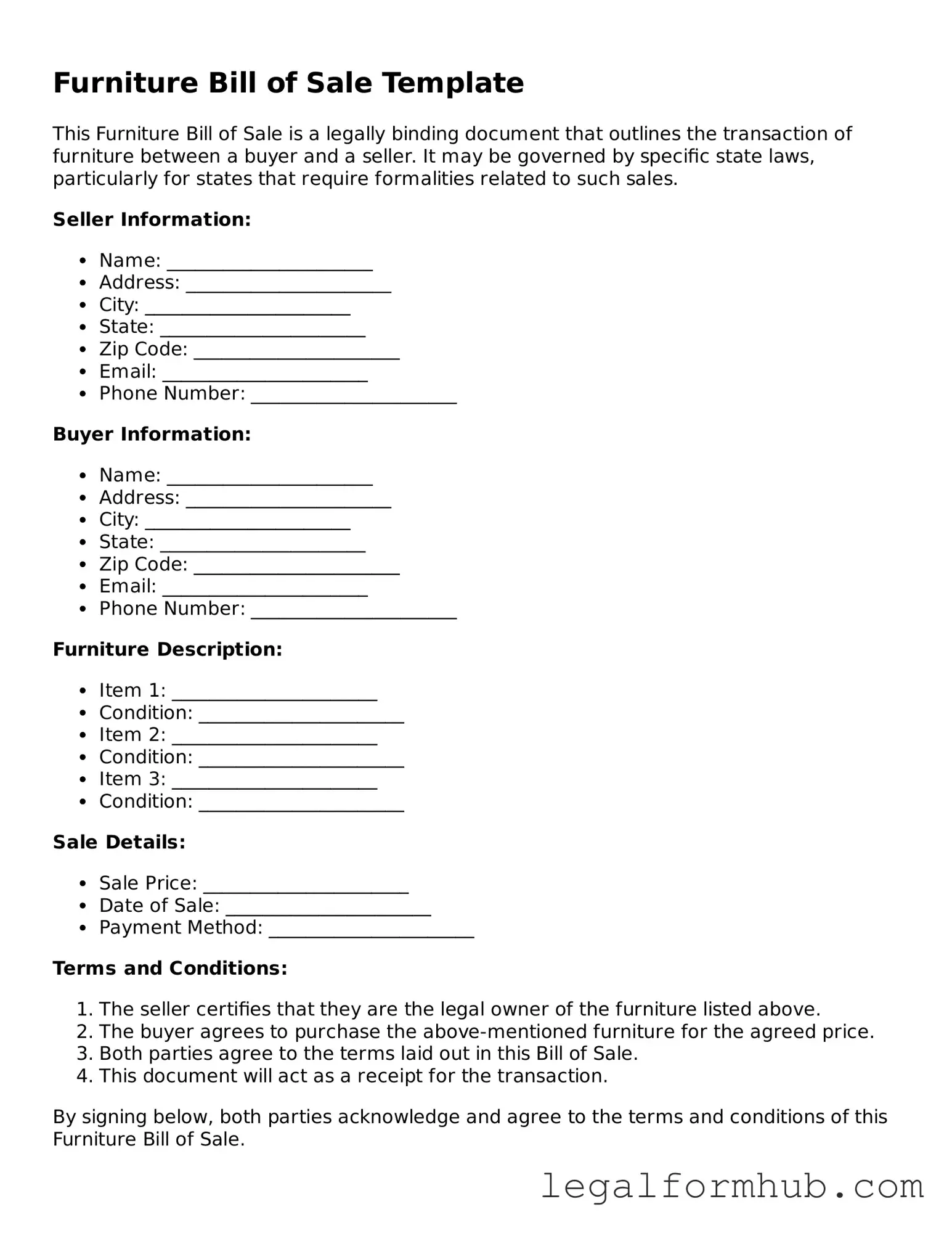 Printable Furniture Bill of Sale Document