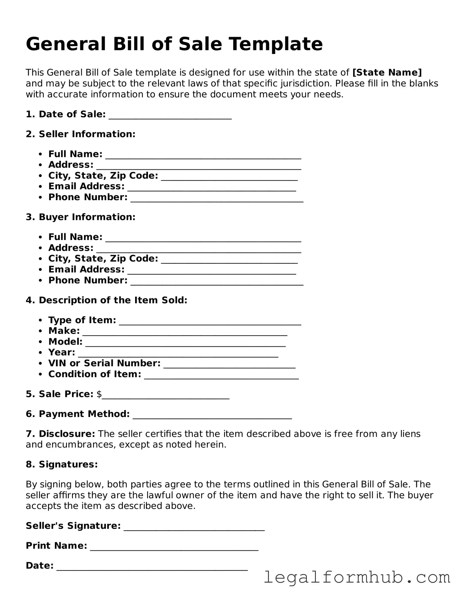 Printable General Bill of Sale Document