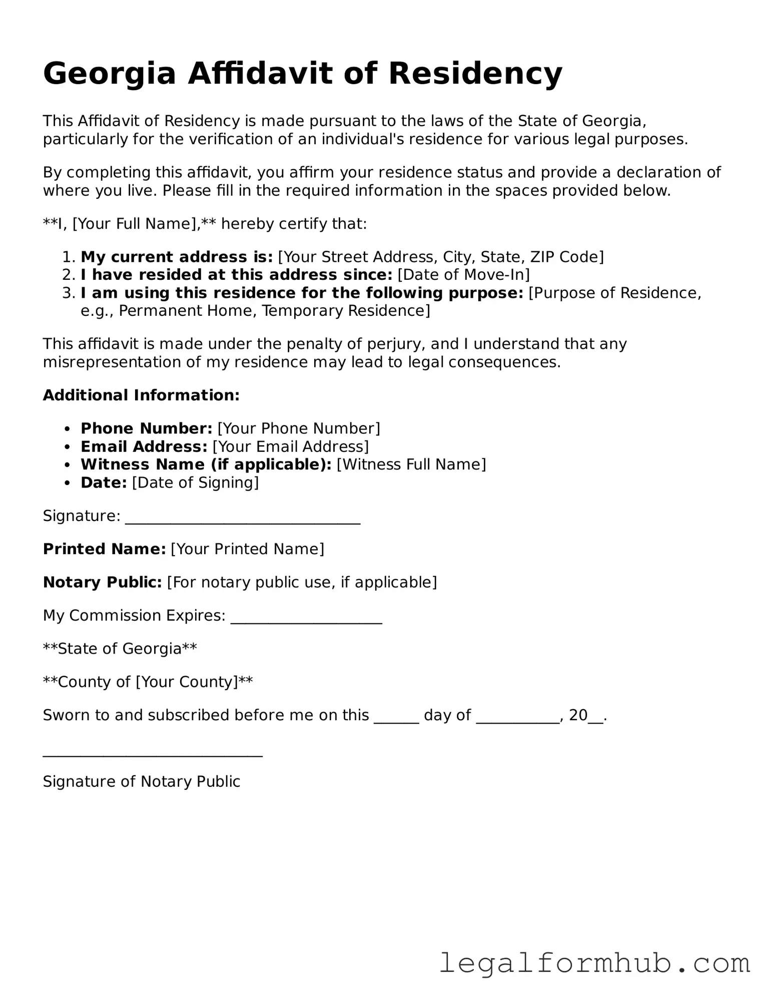 Free  Affidavit of Residency Template for Georgia