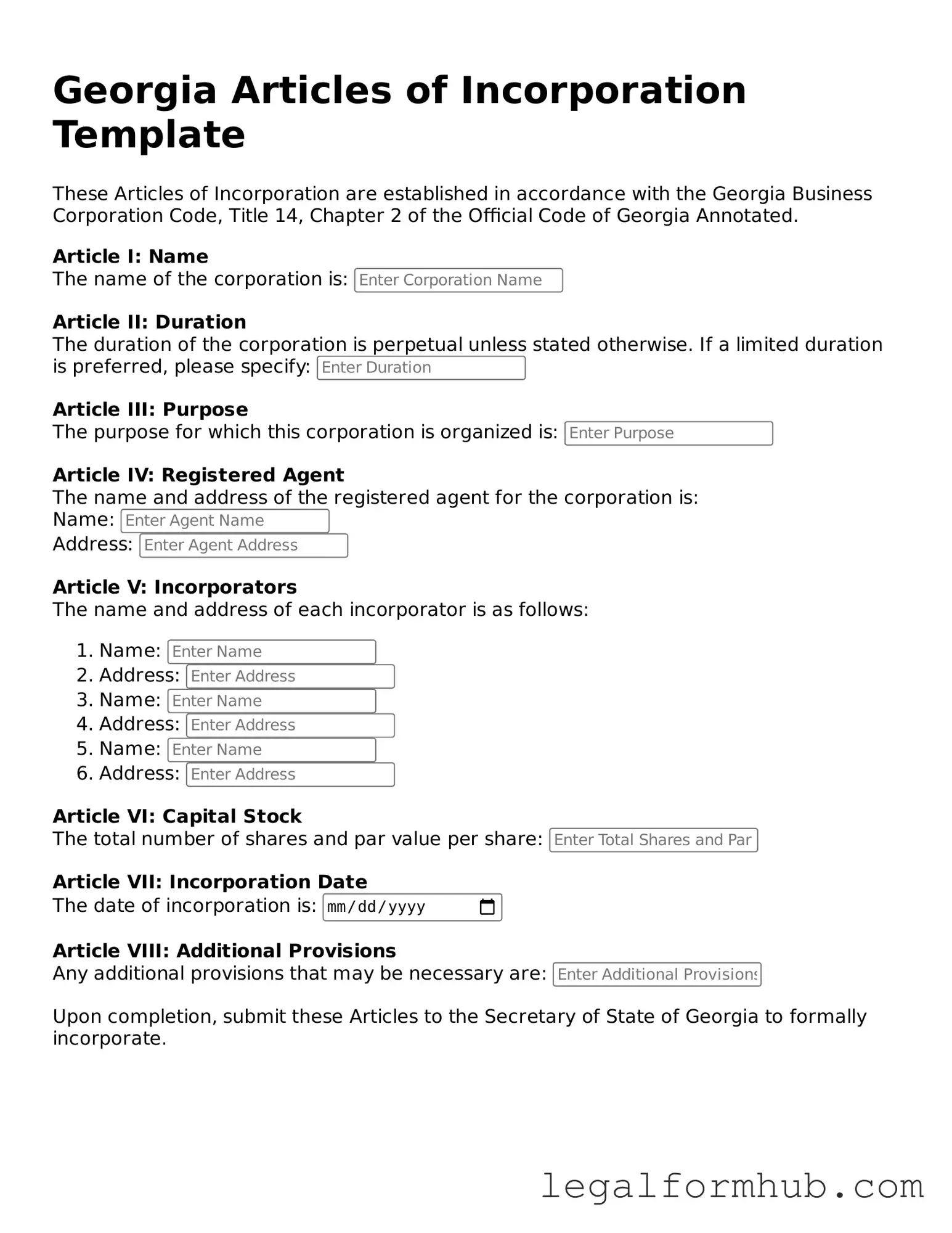 Free  Articles of Incorporation Template for Georgia