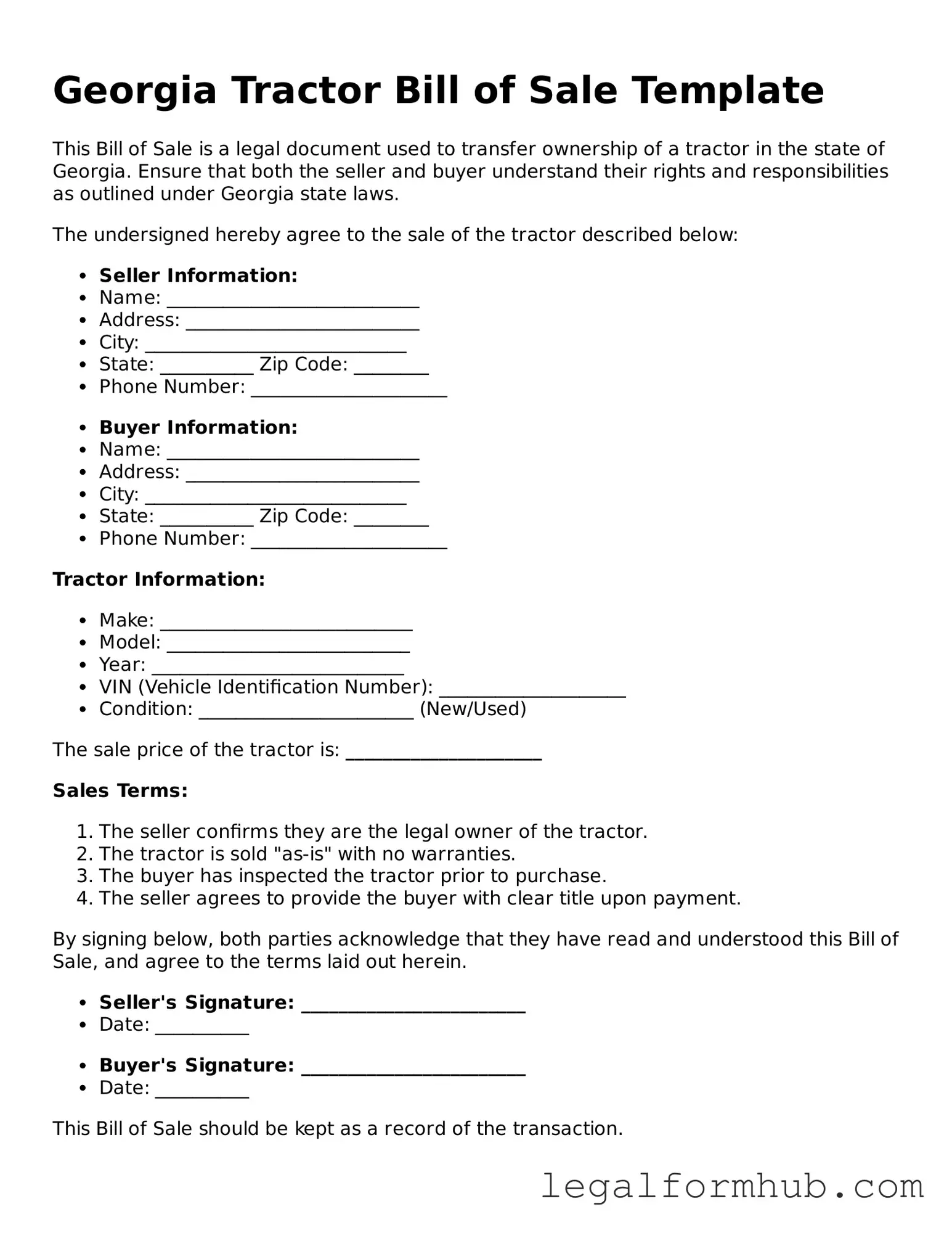 Free  Tractor Bill of Sale Template for Georgia
