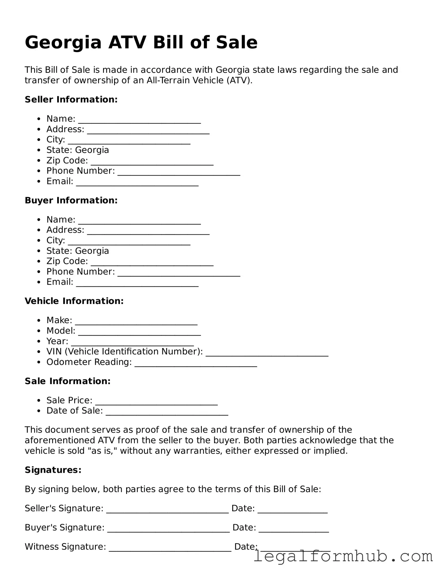 Free  ATV Bill of Sale Template for Georgia