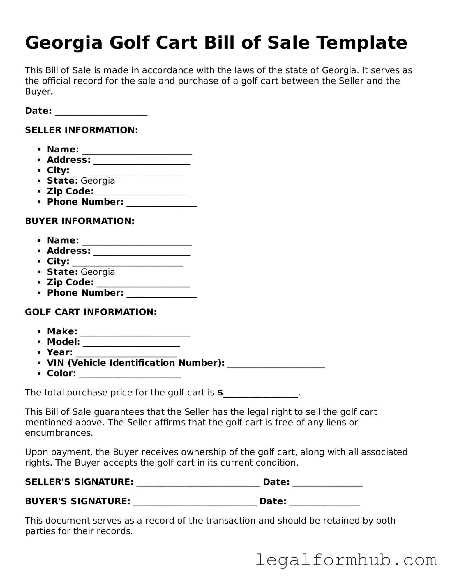 Free  Golf Cart Bill of Sale Template for Georgia