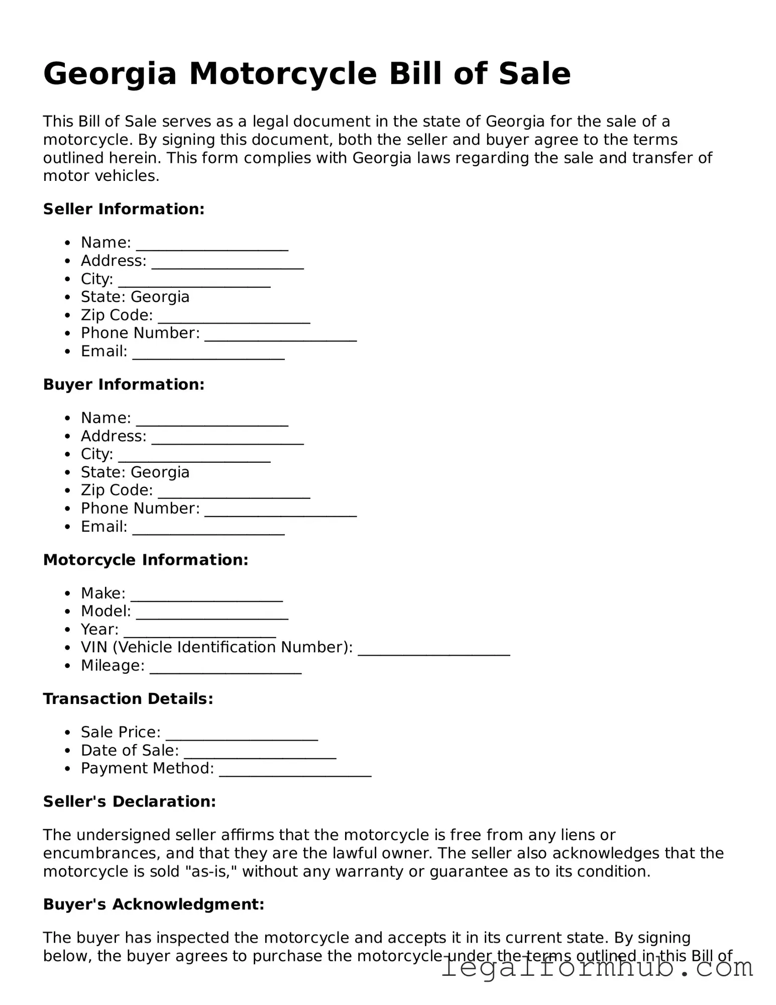 Free  Motorcycle Bill of Sale Template for Georgia