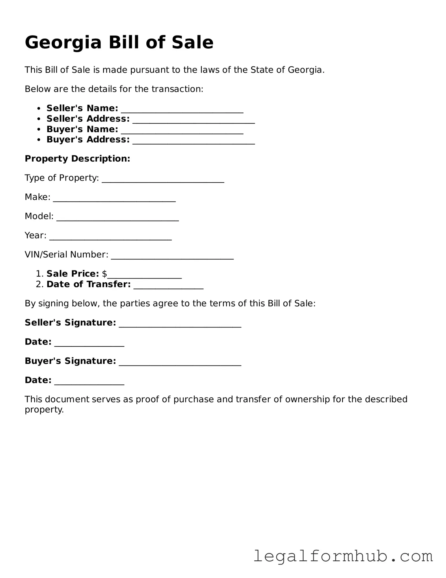 Free  Bill of Sale Template for Georgia