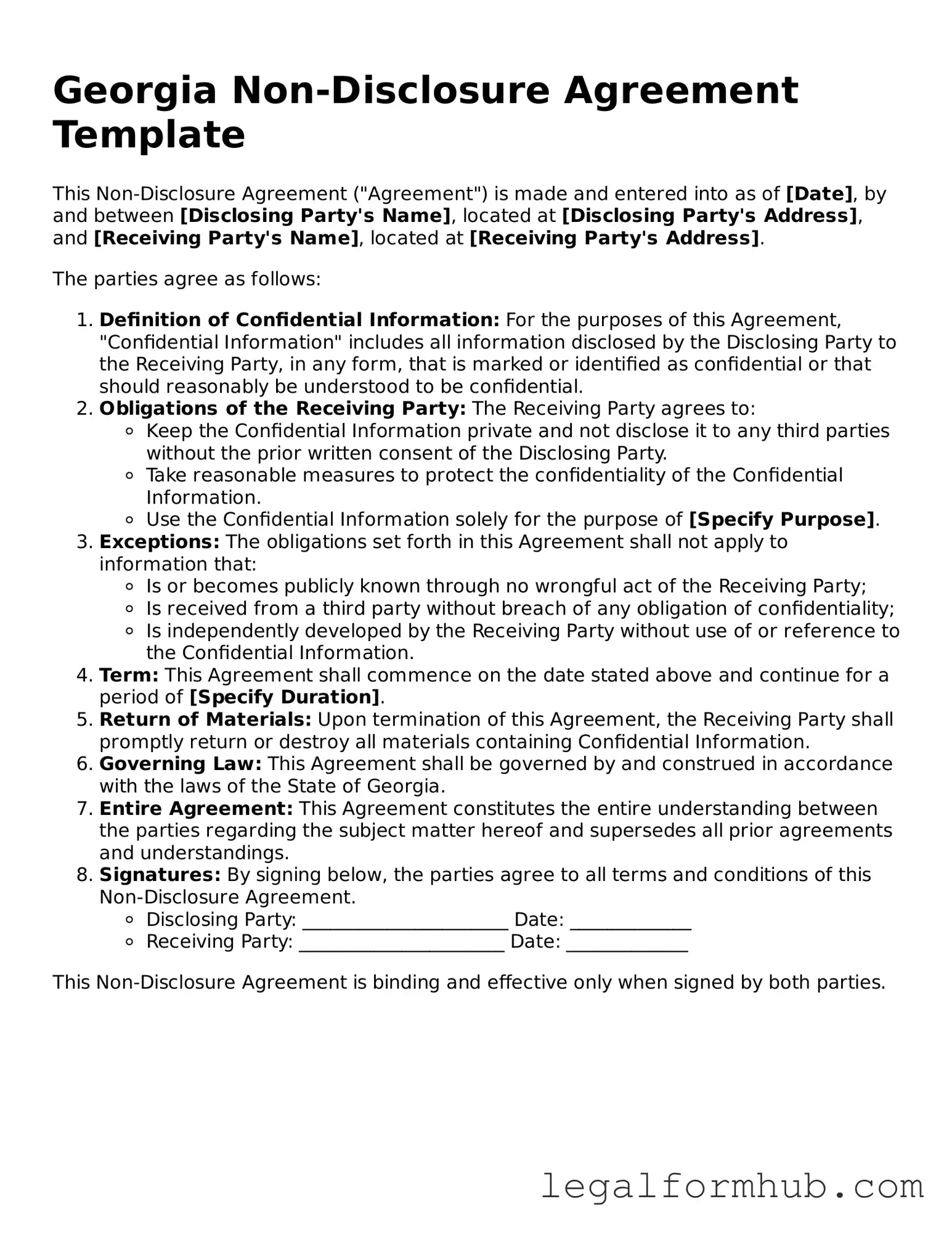 Free  Non-disclosure Agreement Template for Georgia