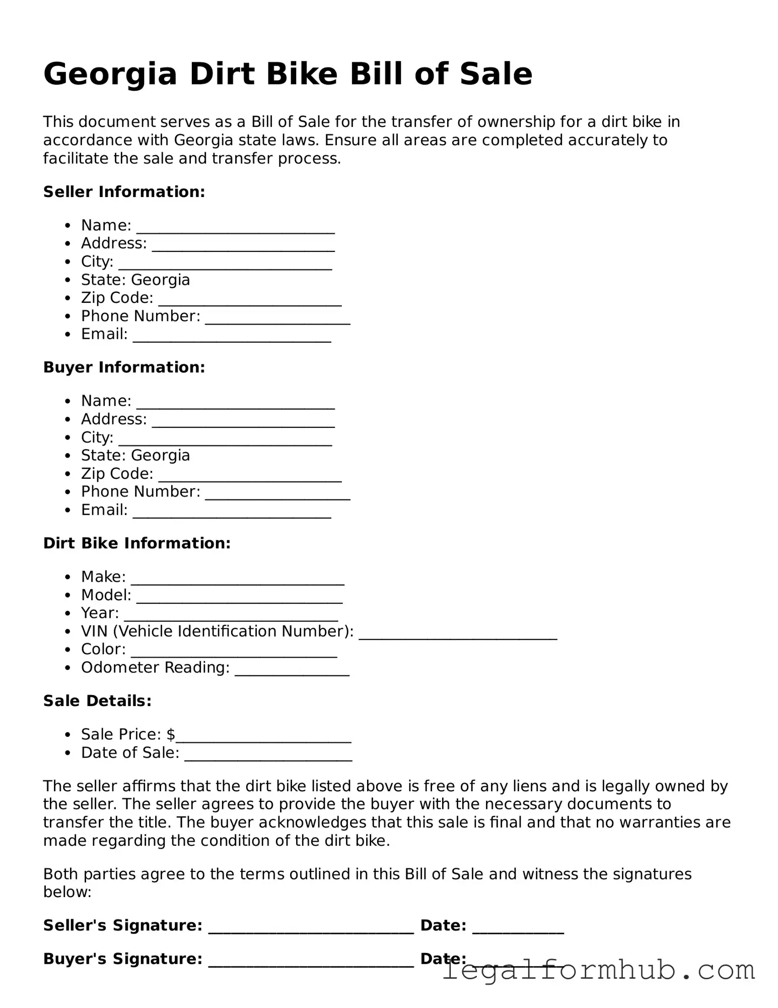 Free  Dirt Bike Bill of Sale Template for Georgia