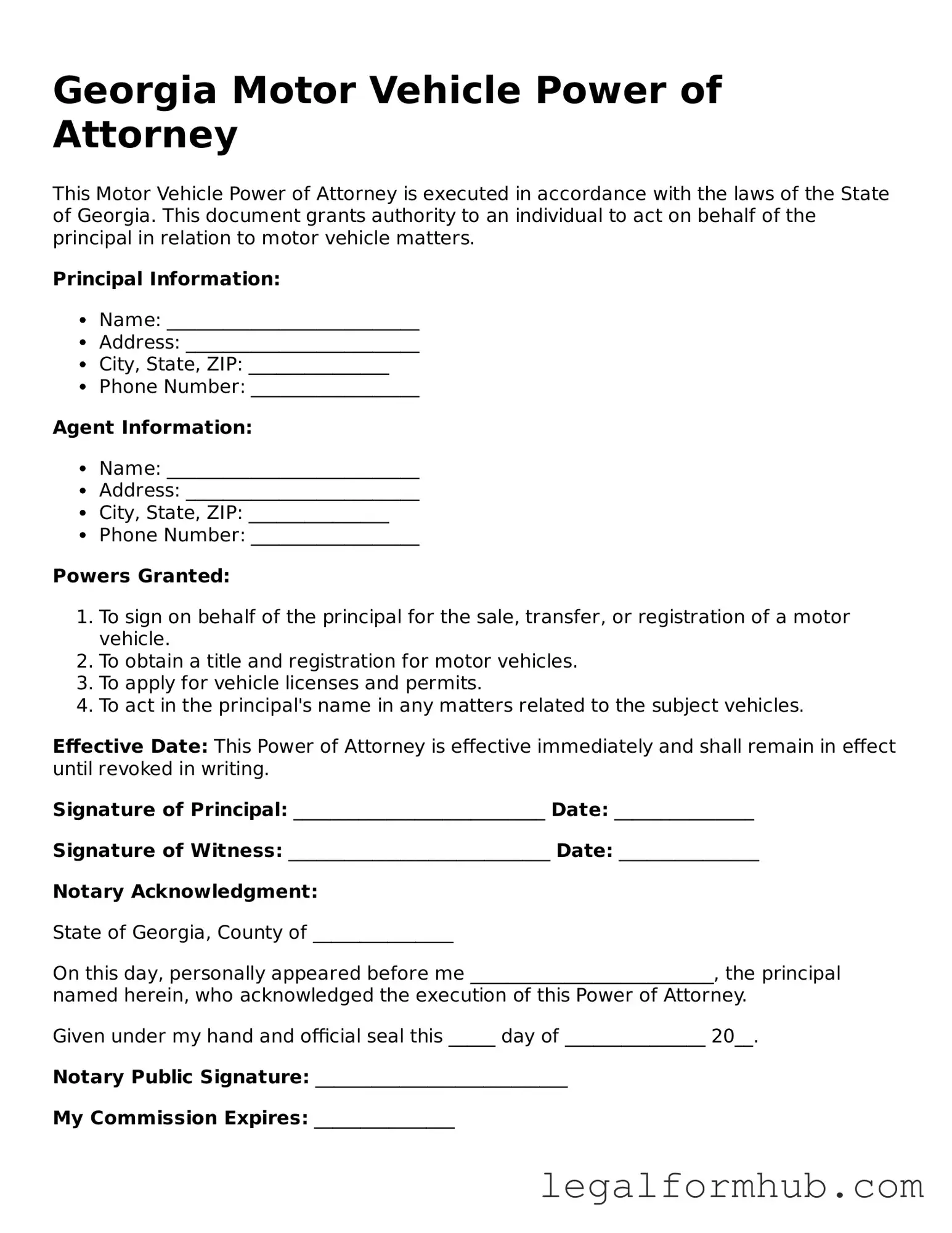 Free  Motor Vehicle Power of Attorney Template for Georgia