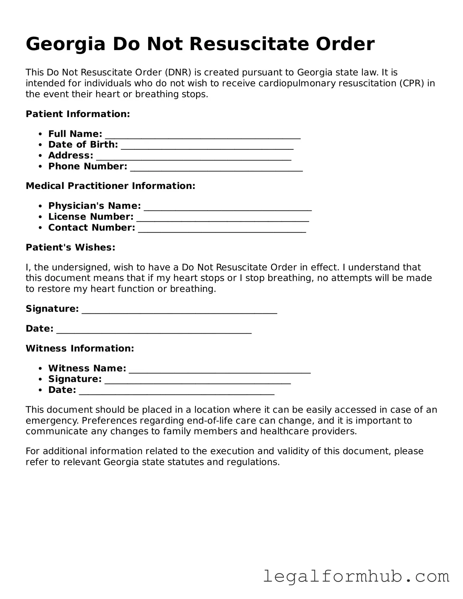 Free  Do Not Resuscitate Order Template for Georgia