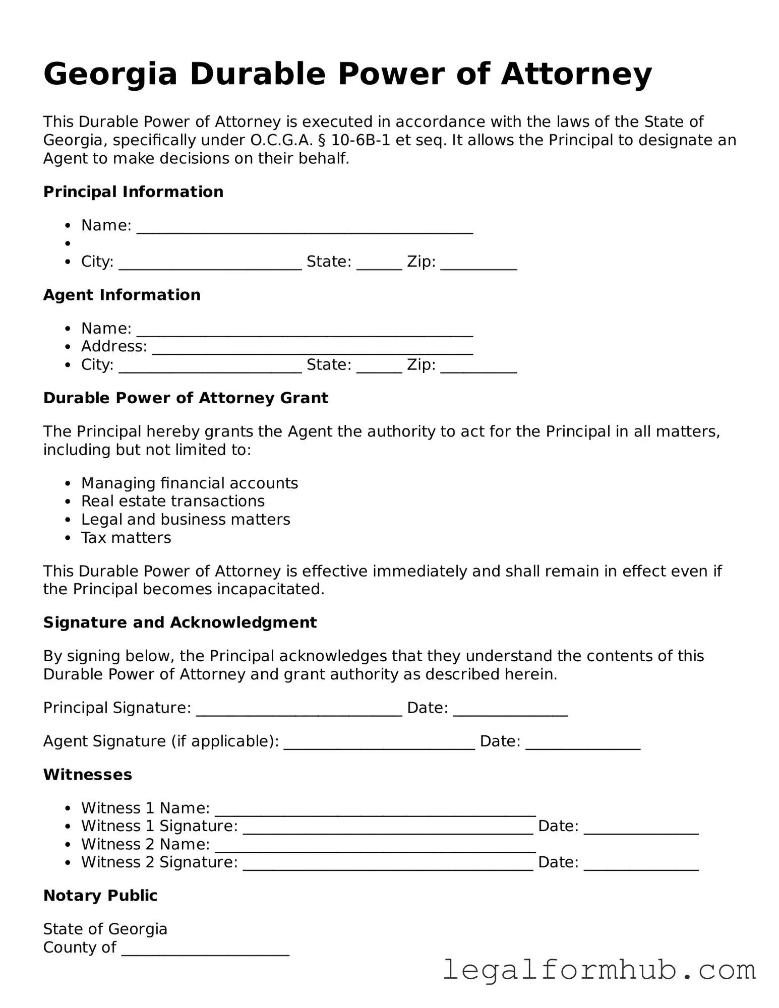 Free  Durable Power of Attorney Template for Georgia