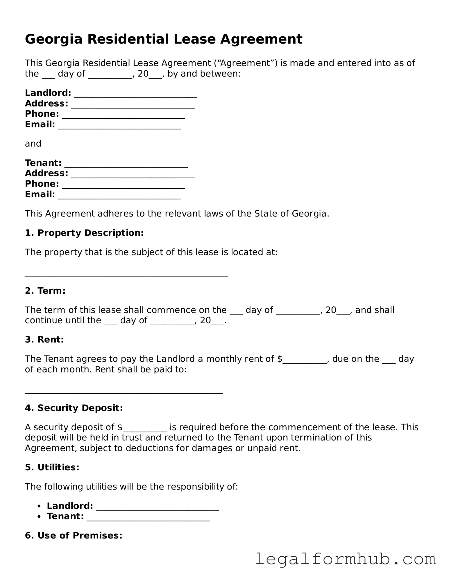Free  Residential Lease Agreement Template for Georgia