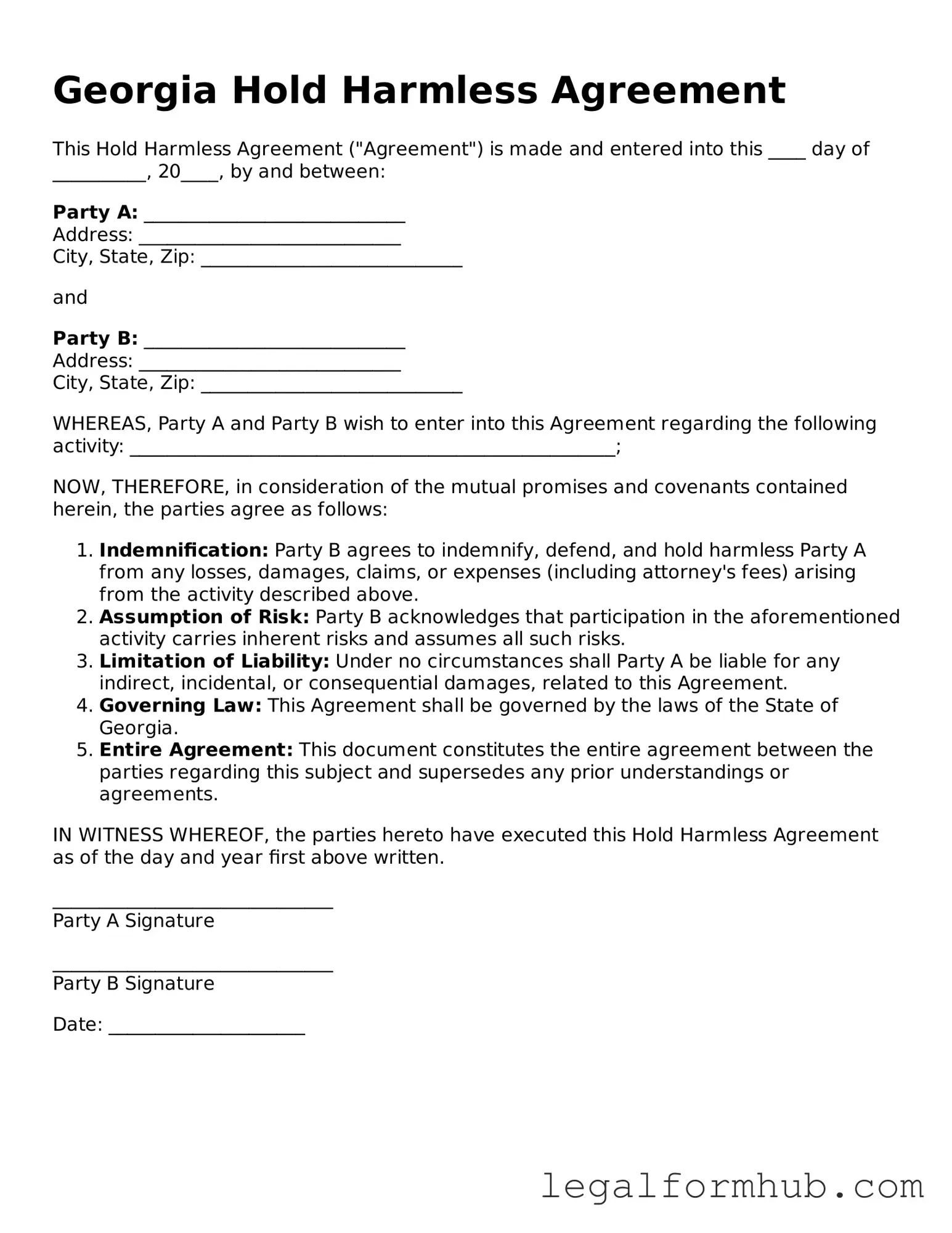 Free  Hold Harmless Agreement Template for Georgia
