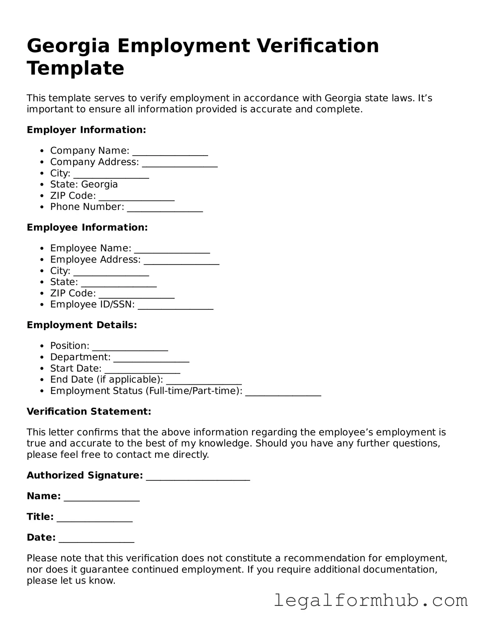 Free  Employment Verification Template for Georgia