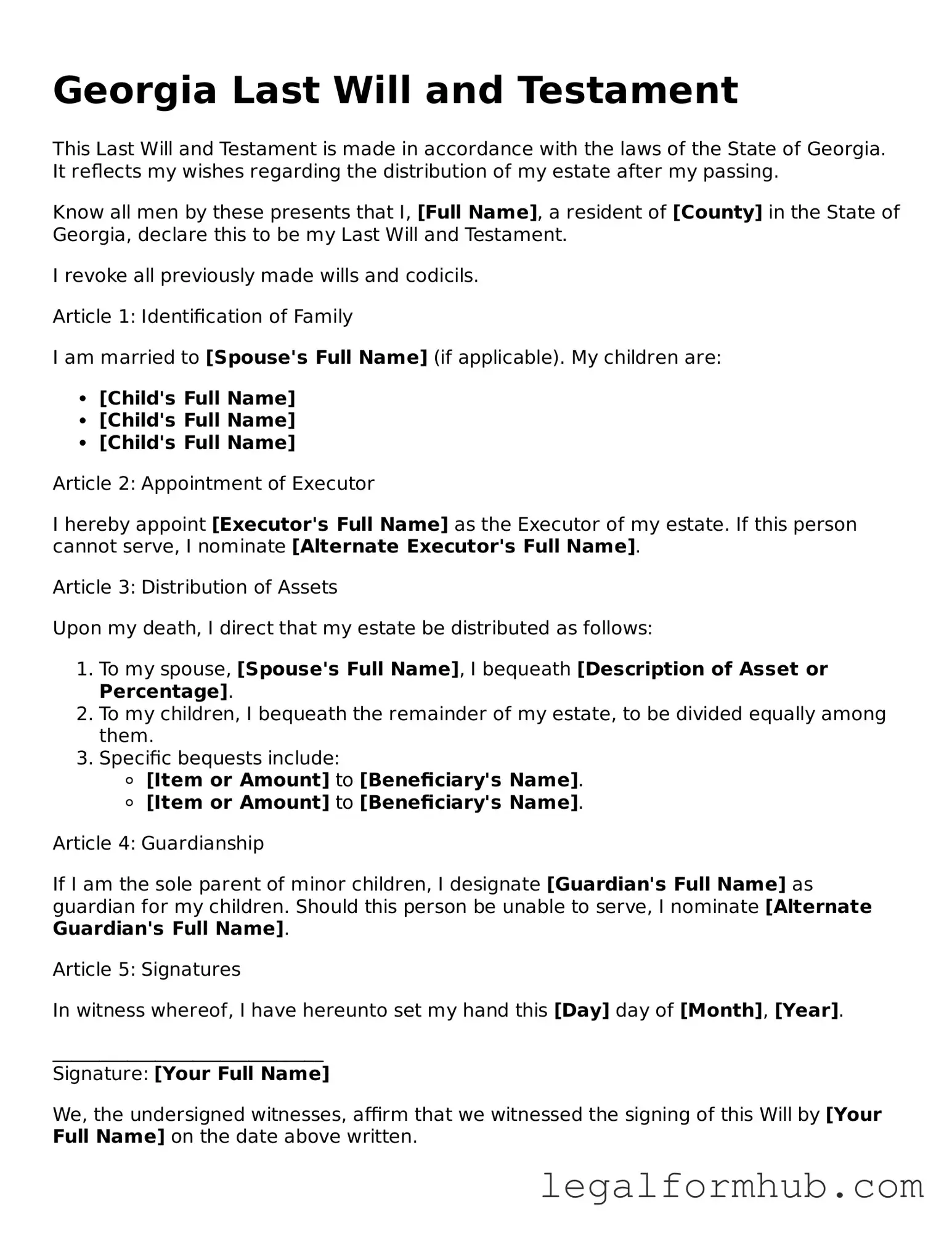Free  Last Will and Testament Template for Georgia